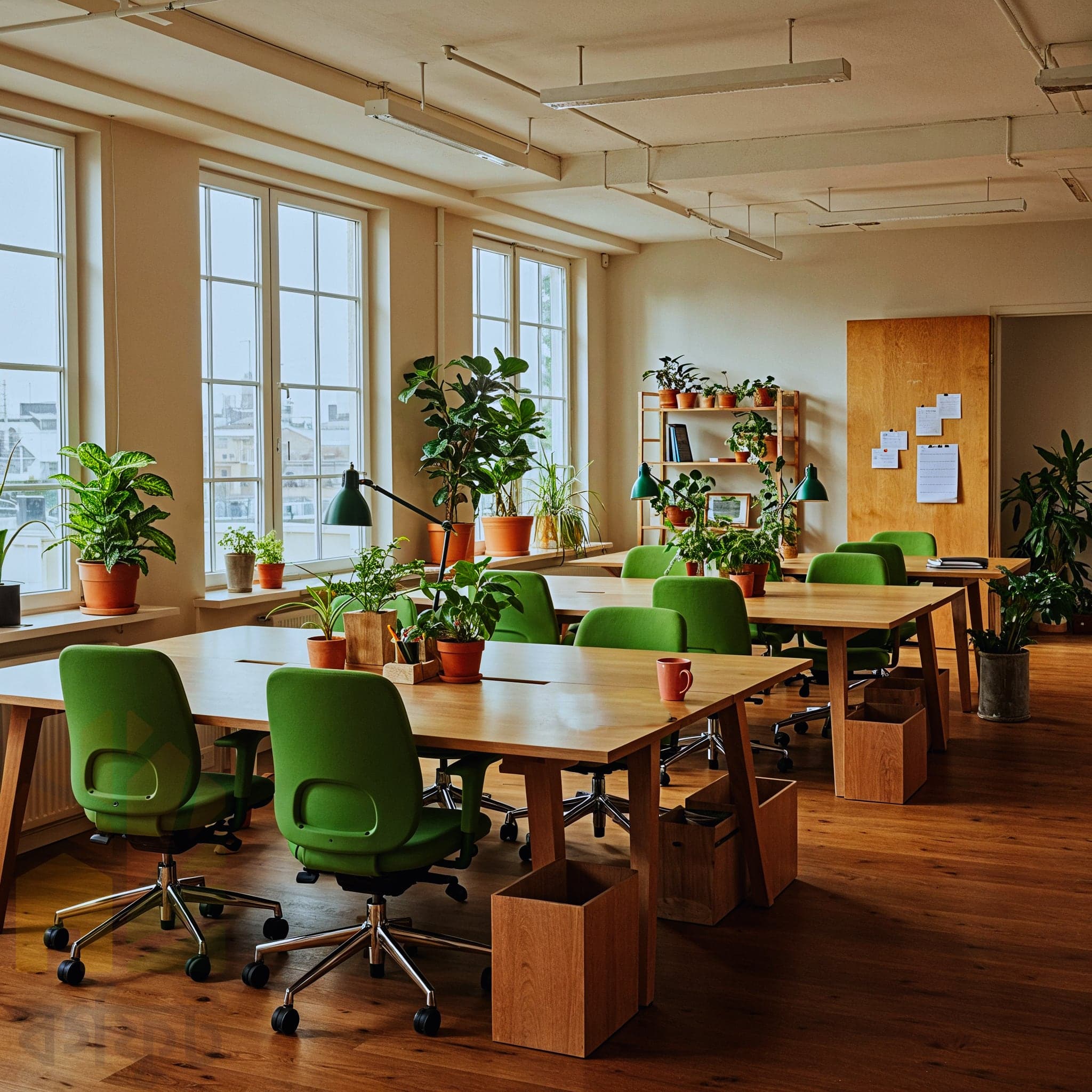 A wide-angle, candid image of a modern, open-plan office. Exposed brick walls and concrete columns contrast with a light-toned wooden ceiling featuring a grid of recessed square lights. Multiple wooden desks with black-framed computers are arranged in rows, with dark brown leather chairs. Potted plants are placed throughout the space, on shelves, desks, and floors, adding greenery.