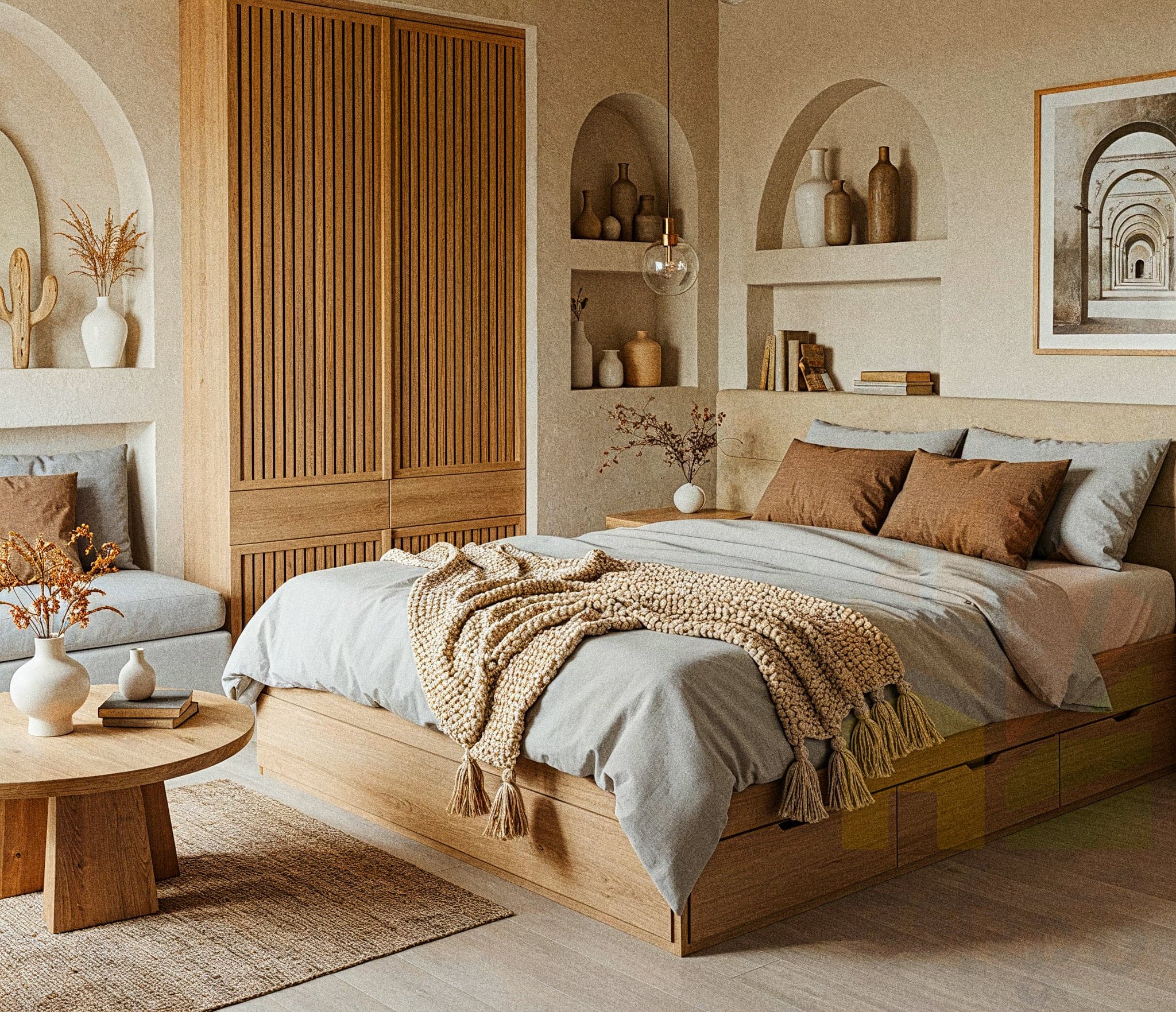 A bedroom with beige walls and a woven rattan headboard. The bed is covered in a checkered duvet and a chunky, beige knitted blanket. Two small, round wicker side tables flank the bed, each holding a lamp and some books. A woven wicker trunk sits at the foot of the bed with a tea set on a tray. Green fern art hangs on the walls, and live potted plants are placed on shelves and in the corners, adding a touch of nature to the warm and inviting space.
