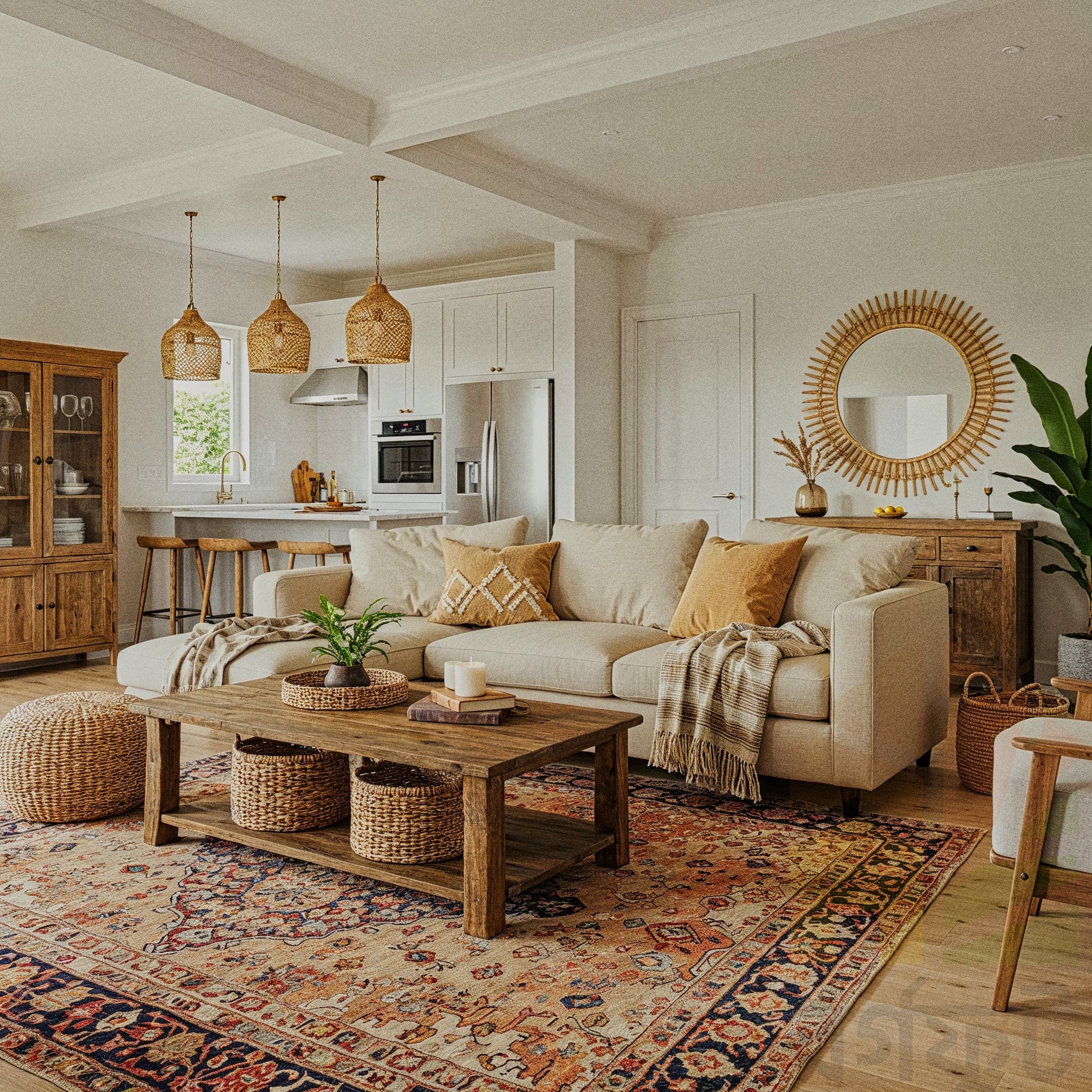 A calming living room with an Asian Tranquil design, featuring a low bamboo platform with cushions, a black lacquered coffee table with a tea set, and a shoji screen panel. The room includes a bonsai tree in a ceramic pot, a paper lantern with warm light, and a tatami mat with a small meditation cushion. Large windows with sheer curtains allow natural light to enhance the light wooden floor and sage green walls, creating a tranquil and balanced atmosphere.