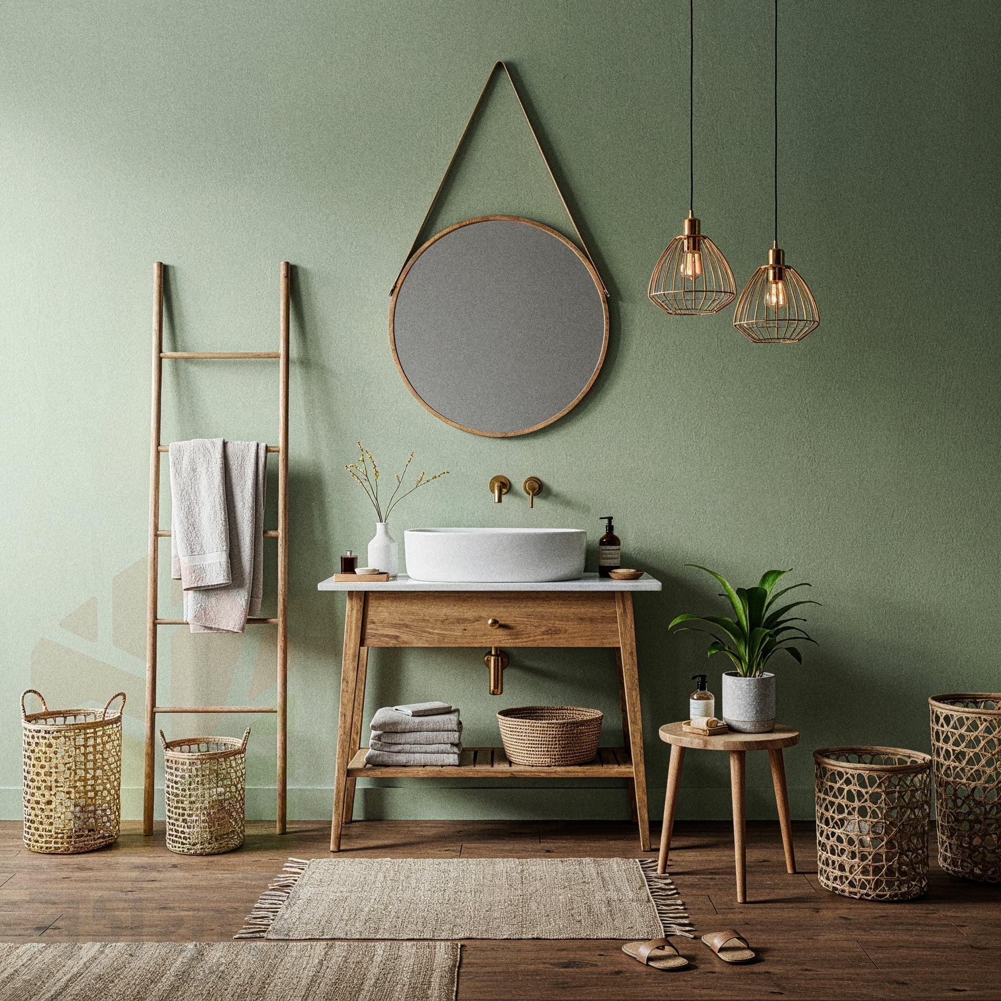 A bathroom with a white pedestal sink and toilet. The walls are tiled in green square tiles on the lower half and painted white on top. The floor is light-colored terrazzo. An oval mirror hangs above the sink, flanked by two orange hanging globe lights. Potted and hanging plants are arranged on a wooden shelf and around the room.