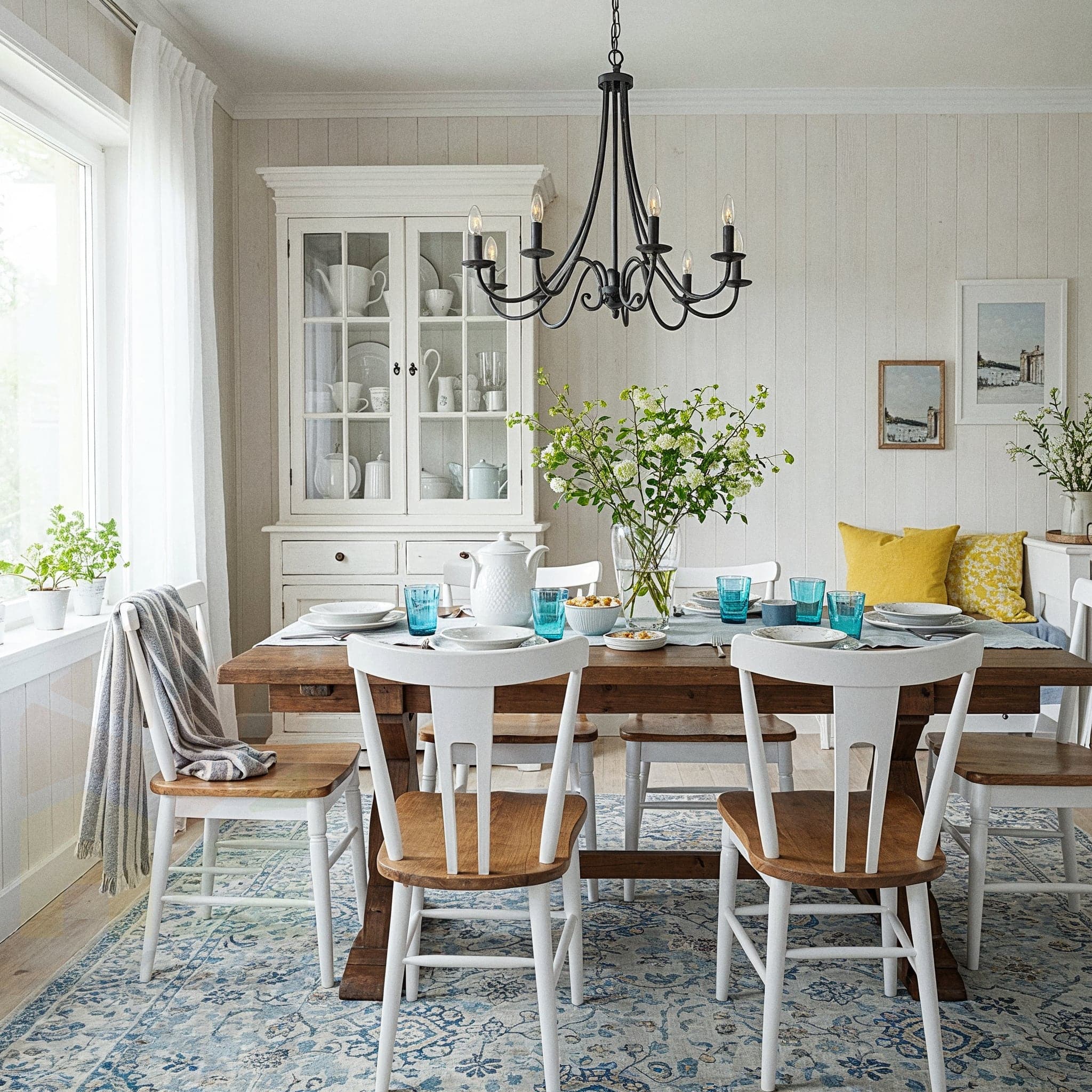 A dining room is viewed through open white French doors. The floor is a black and white checkered pattern. A large wooden dining table is surrounded by gray chairs. Above the table, three large gold globe pendant lights hang from the ceiling. A large, black framed chalkboard or art piece hangs on the far wall. A large fiddle-leaf fig plant is in a pot on the left.