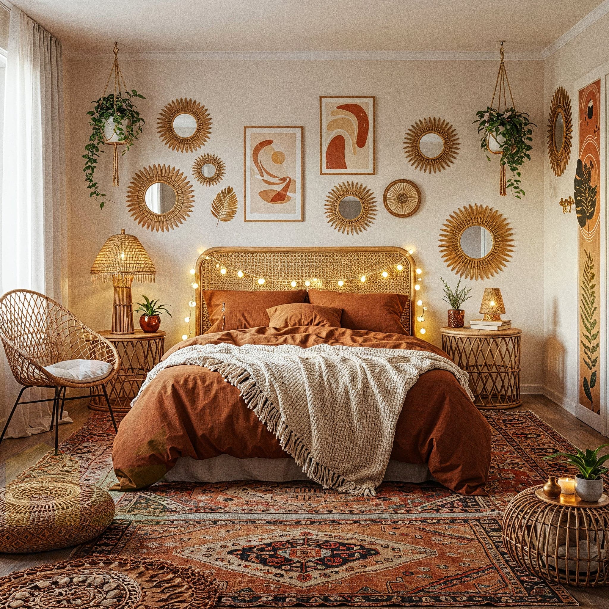 A bright, eclectic bedroom with a Boho Vibrant design, featuring a wooden bed adorned with a multicolored striped quilt in yellow, red, and green, complemented by vibrant floral pillows and a cozy beige throw. The room includes a woven rattan coffee table with books and plants, a black metal shelf with potted greenery and decorative items, and two hanging rattan pendant lights. A richly patterned red rug with intricate blue and beige designs covers the wooden floor, while a large floral artwork and a ladder shelf with plants enhance the warm, lively atmosphere.