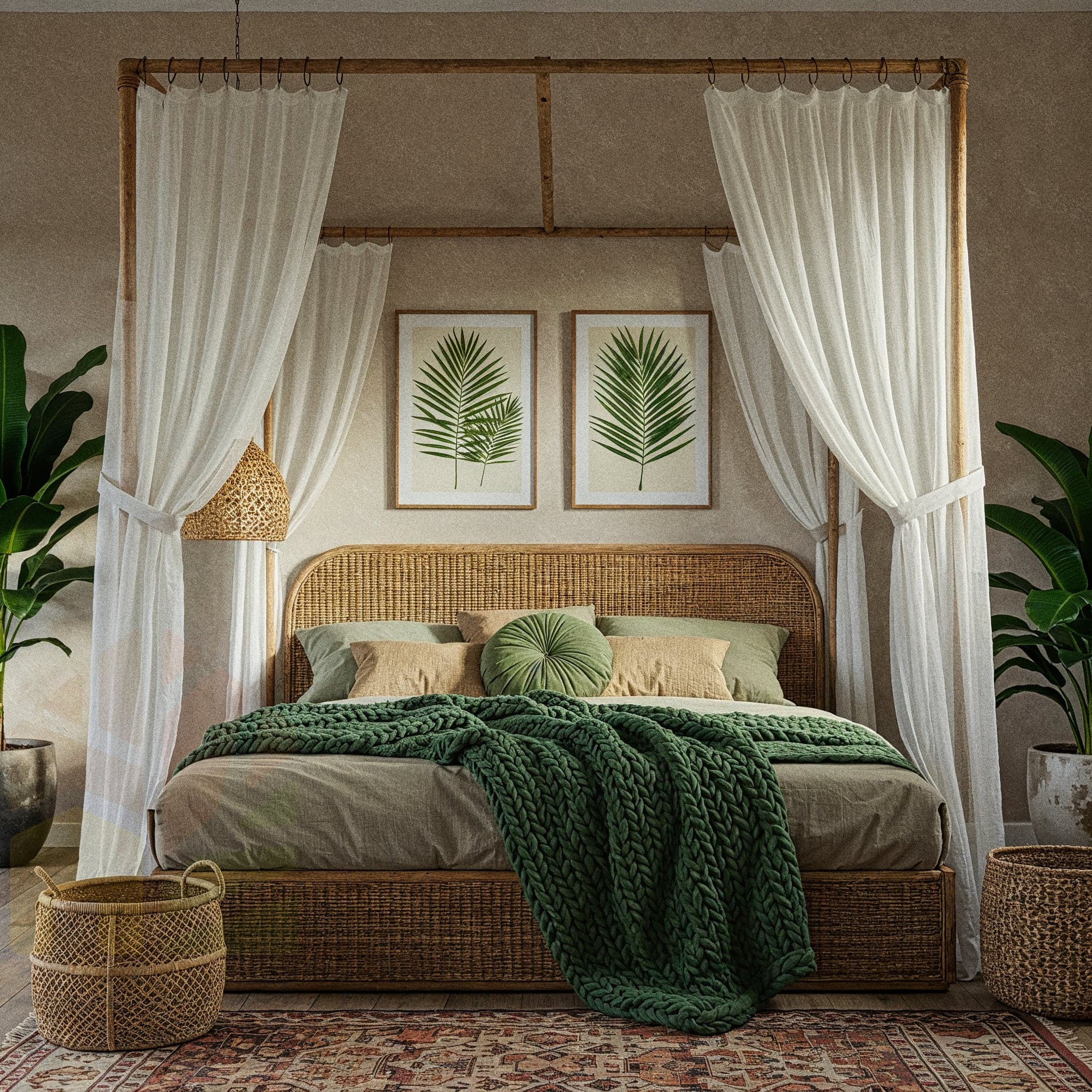 A vibrant bedroom with a Tropical Boho design, featuring a wooden bed with a colorful quilt in shades of green, yellow, and orange, complemented by patterned pillows and a light woven throw. The room includes a rattan chair with a cushion, a wooden shelf adorned with potted tropical plants and woven baskets, and a hanging rattan light fixture. Large windows with sheer curtains allow natural light to highlight the bamboo flooring and green walls, creating a lush, inviting tropical ambiance.
