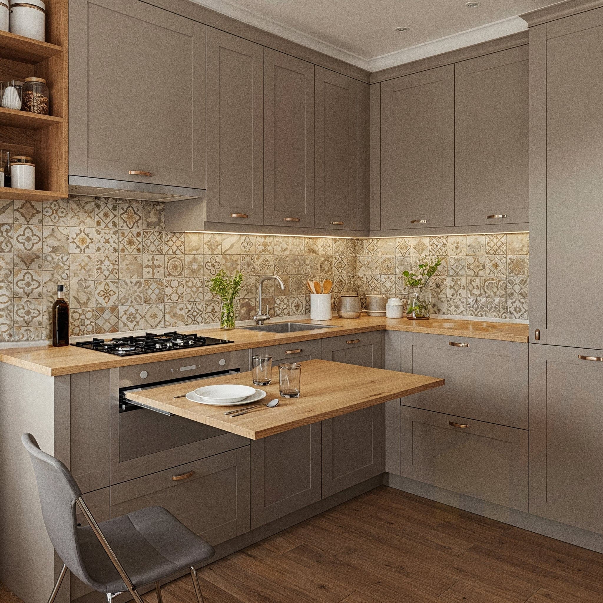 A vibrant kitchen with a Bohemian Eclectic design, featuring wooden cabinets with colorful mosaic tile handles, a patterned tile backsplash, and a wooden countertop with a woven tray of spices. The room includes open shelves with ceramic bowls and hanging macramé planters, a brass chandelier with warm bulbs, and a small dining nook with patterned cushions. Large windows with sheer curtains allow natural light to enhance the dark wooden floor and mustard yellow accent wall, creating a lively and artistic cooking atmosphere.