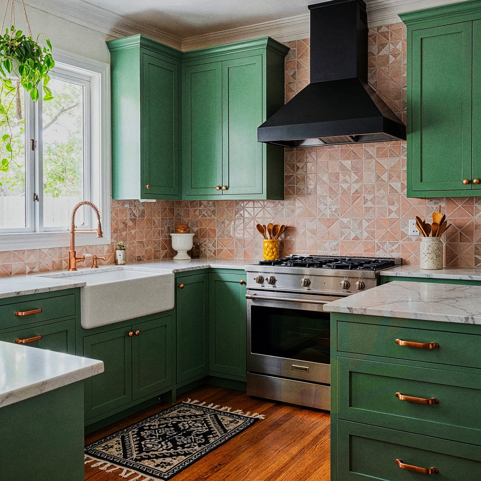 A comforting kitchen with a Country Cozy design, featuring wooden cabinets with checkered fabric liners, a butcher block countertop with a bread basket, and a tiled backsplash with soft floral patterns. The room includes open shelves with jars of homemade preserves, a hanging rack with enamel pots, and warm pendant lights with fabric shades. Large windows with sheer curtains allow natural light to enhance the dark wooden floor and pale yellow walls, creating a cozy and inviting cooking atmosphere.