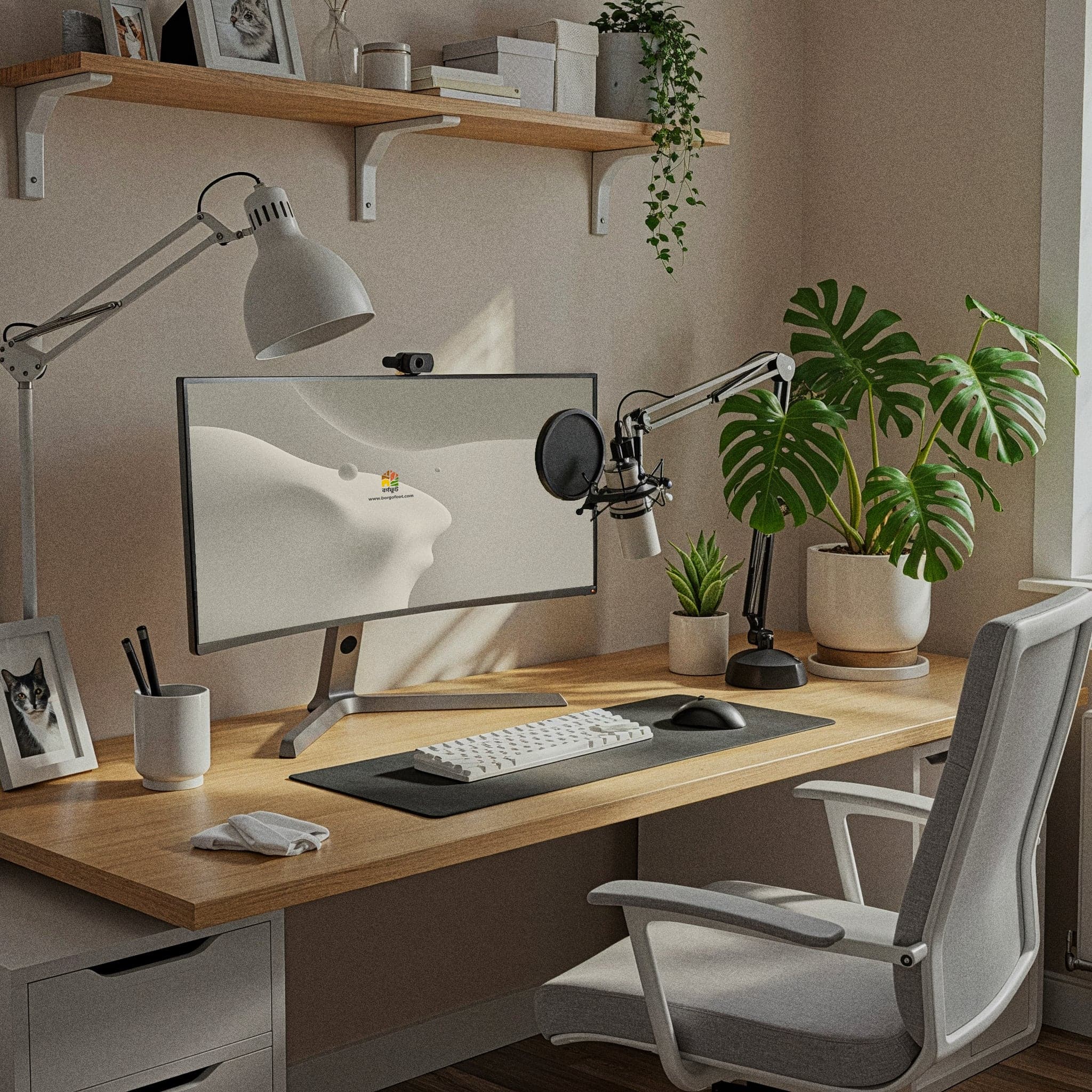 A cozy and eclectic private office with a herringbone-patterned floor. A comfortable armchair with a blanket is in the foreground, next to a small round table with books and a mug. A gallery wall featuring various framed pictures and art hangs above. A large window provides light and a tall potted plant sits in the corner.