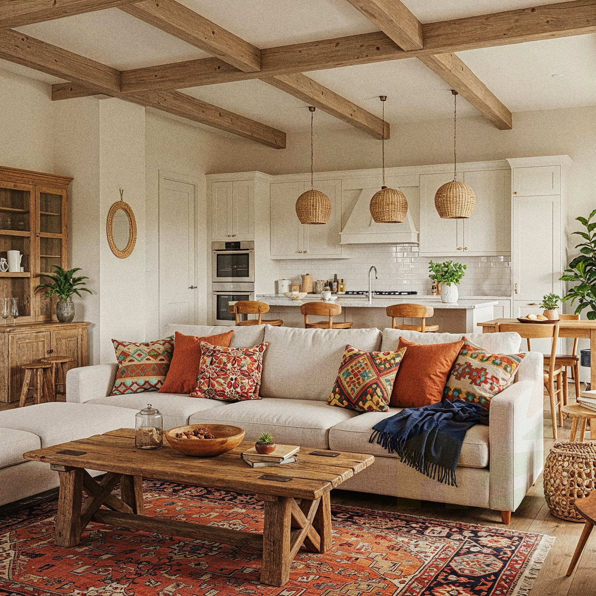 A serene living room with a Scandi Soft design, featuring a light wooden sofa with white cushions, a beige wool rug, and a low coffee table with a ceramic vase. The room includes a minimalist bookshelf with a few plants, a pendant light with a linen shade, and a cozy armchair in pale grey. Large windows with sheer curtains allow natural light to enhance the light wooden floor and white walls, creating a soft and peaceful atmosphere.
