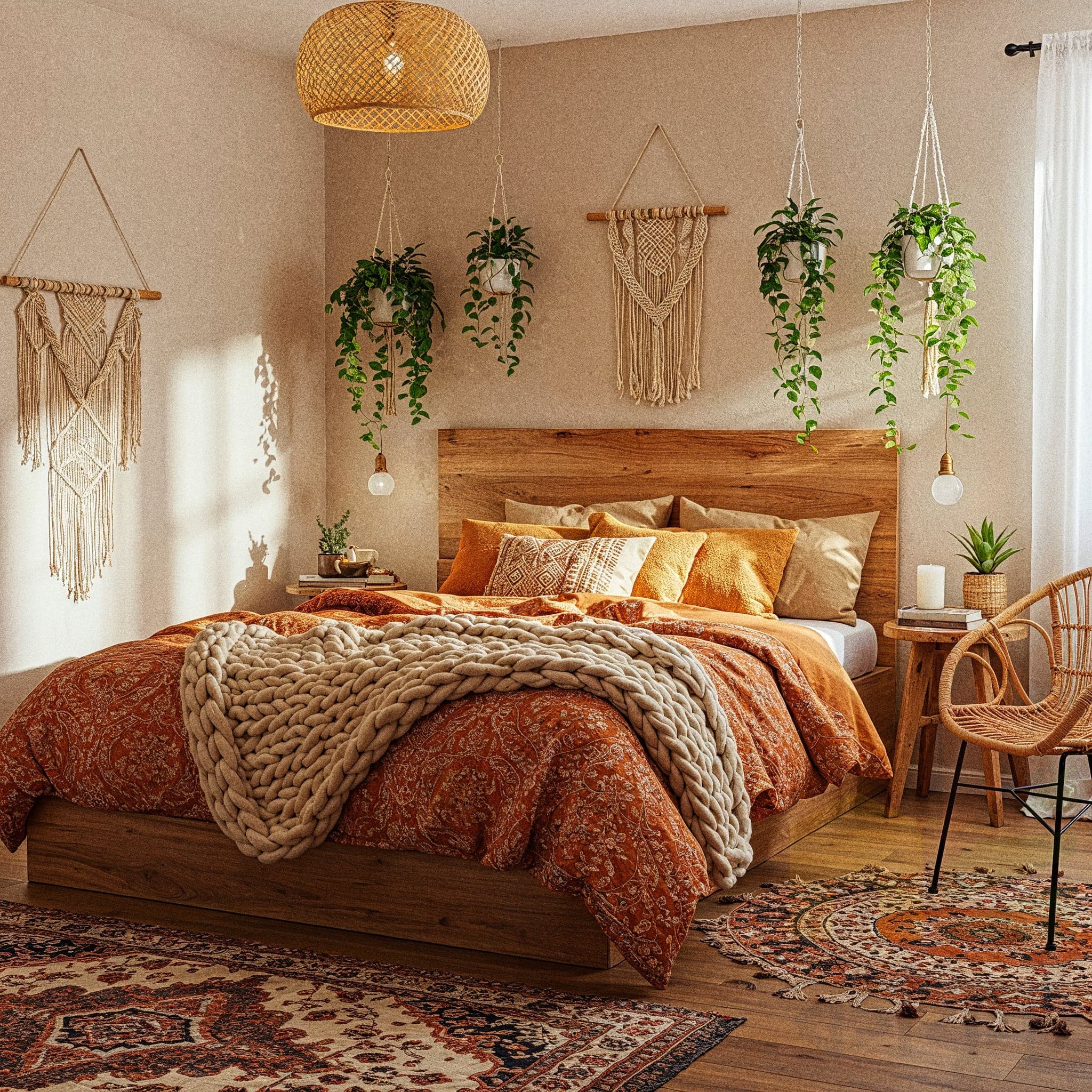 A warm bedroom with a Boho Earthy design, featuring a wooden bed with a terracotta-colored quilt and beige throw pillows, accented by a woven macramé wall hanging. The room includes a rattan chair with a cushion, a wooden coffee table with potted plants and a ceramic vase, and a hanging jute light fixture. A patterned rug in earthy tones covers the wooden floor, with large windows and sheer curtains enhancing the natural, bohemian ambiance.