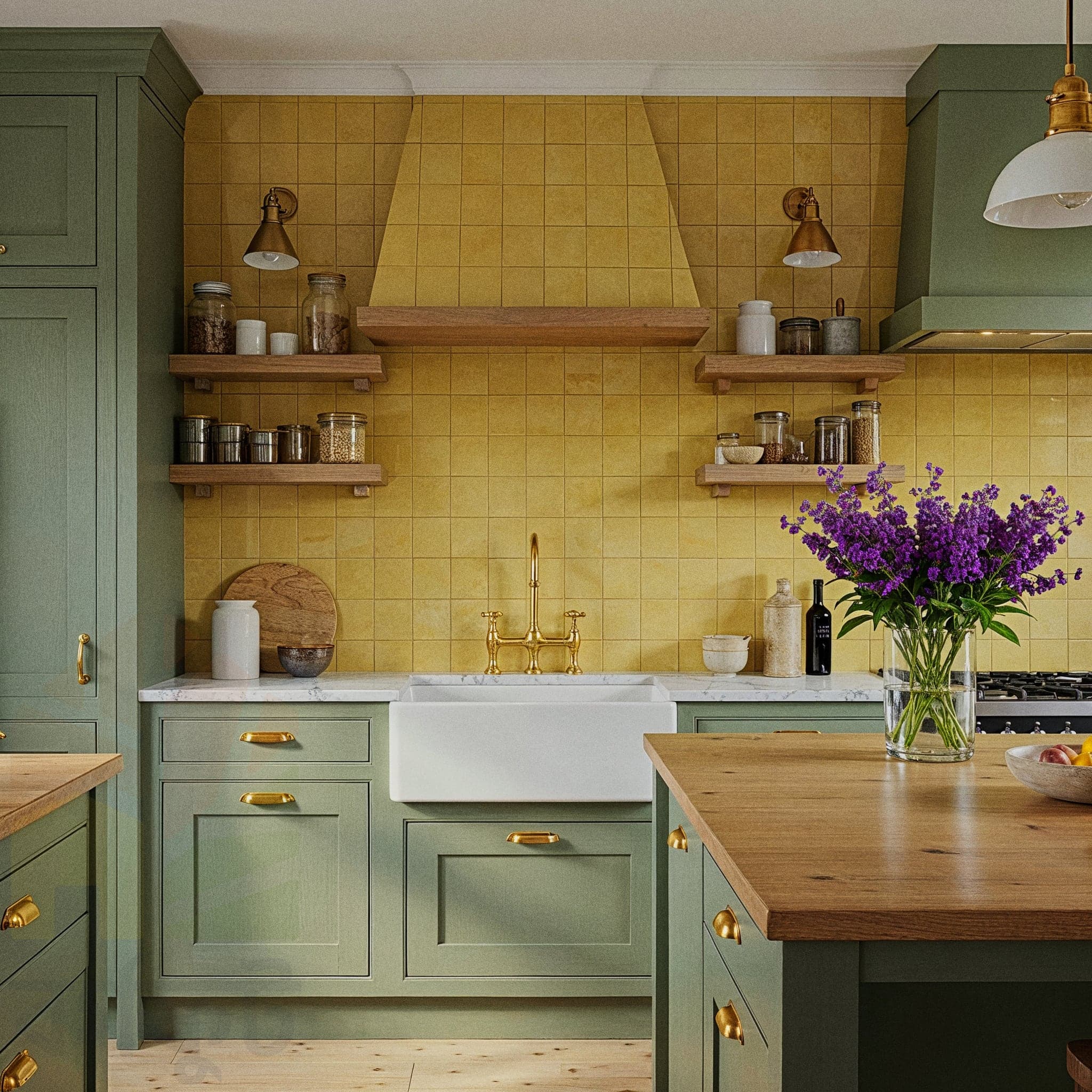 A serene kitchen with a Scandi Light design, featuring light wooden cabinets with sleek handles, a white marble countertop with a small herb pot, and a minimalist sink area. The room includes open shelves with white ceramic dishes, a single pendant light with a fabric shade, and a woven mat underfoot. Large windows with sheer curtains allow natural light to enhance the light wooden floor and white walls, creating a bright and calm cooking atmosphere.