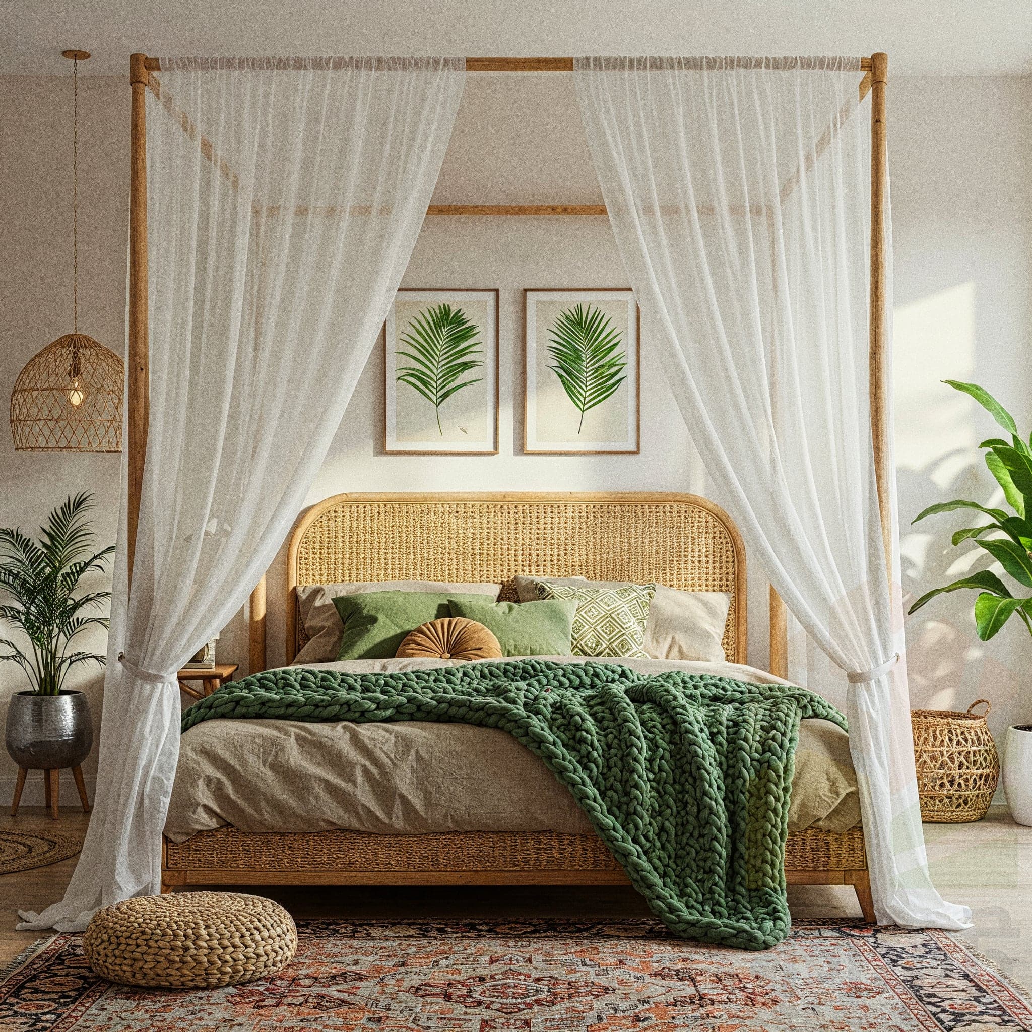 A wide-angle view of a bohemian bedroom with light-colored walls and wood floors. A bed with a rattan headboard is covered in terracotta-colored linens. A collection of sunburst and round rattan mirrors decorates the wall behind the bed. Hanging plants and a variety of plants on small rattan side tables fill the room. Two large, ornate rugs are layered on the floor.