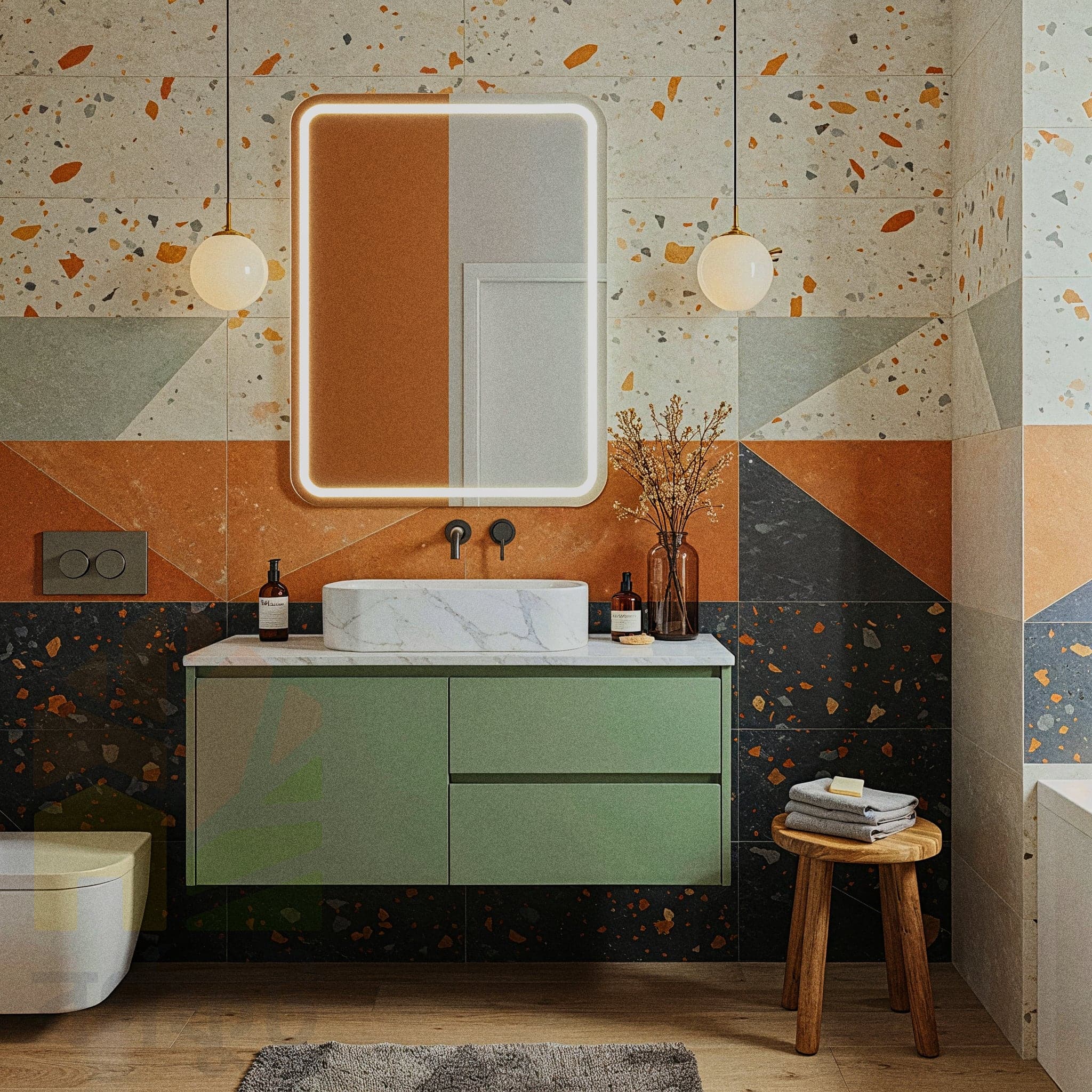 A modern bathroom with white tiled walls and a dark floor. A wooden vanity with a white vessel sink sits below a large, mirrored medicine cabinet with built-in lighting. A wall-mounted toilet and bidet are to the left. A framed botanical print hangs on the wall. A potted fern is placed on the counter.