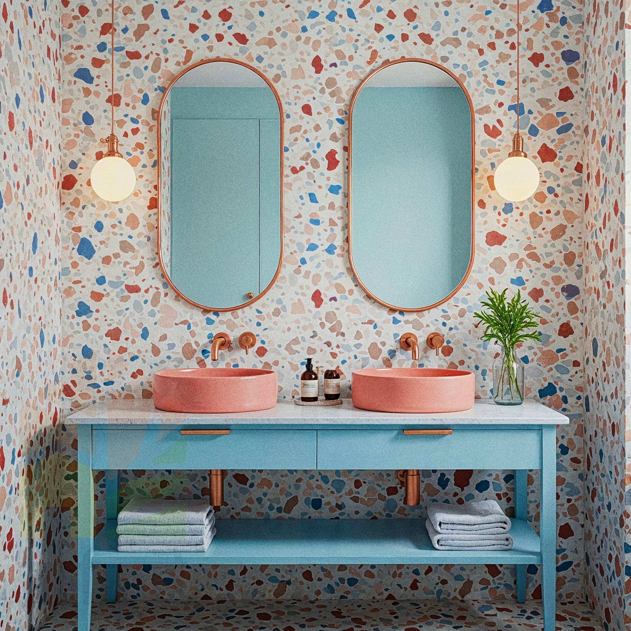 A bright and minimalist bathroom with white tiled walls and floor. A light wood floating vanity with a white countertop and a vessel sink is on the left. A large round mirror is above the sink. A wall-mounted toilet is in the center. A walk-in shower with a glass partition and a simple shower head is on the right.