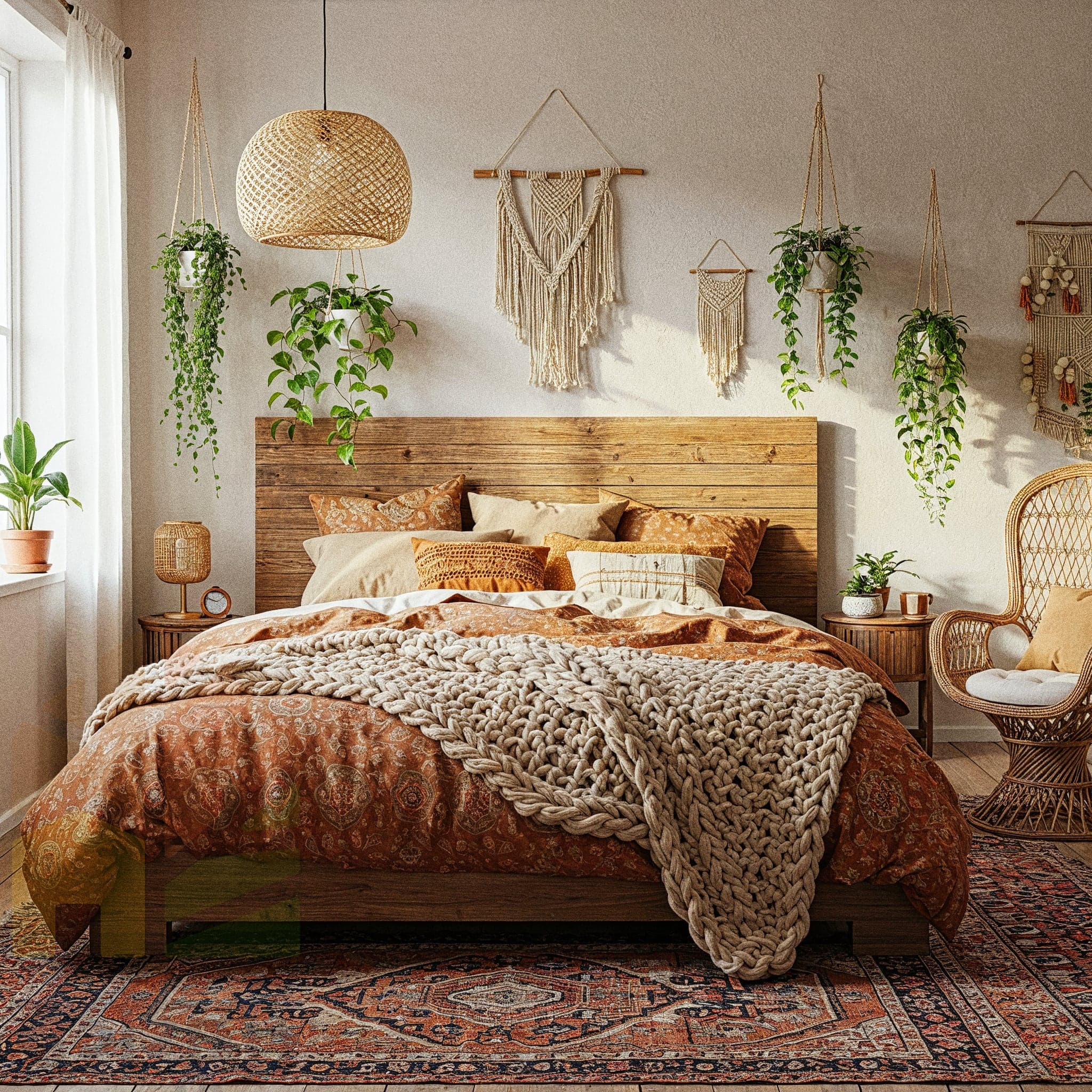 A bedroom with a natural wood headboard and a bed covered in brown and beige linens with a thick, chunky knit blanket. A large, patterned rug in red and orange colors is on the dark wood floor. Two macrame wall hangings and several hanging potted plants decorate the white wall. A woven pendant light hangs above the bed. On the right, a wicker chair is placed in a corner.