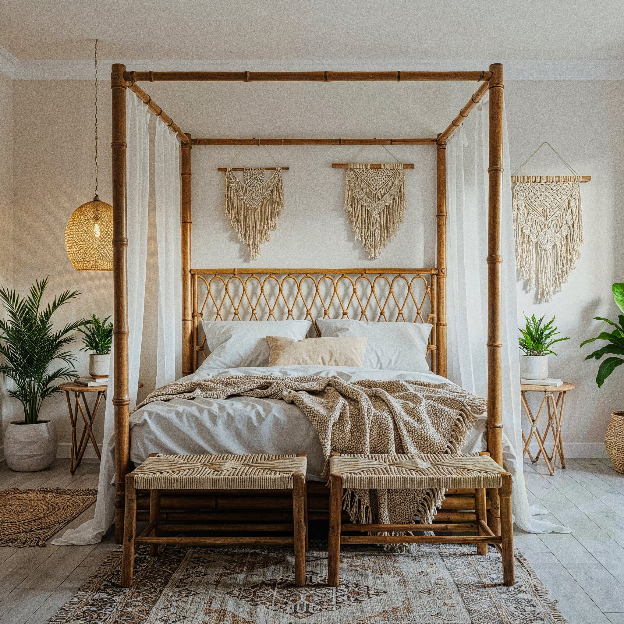 A serene bedroom with a bamboo canopy bed with a woven rattan headboard and white sheer drapes. The bed is made with white linen and a beige knitted blanket. Two matching woven benches are at the foot of the bed. Two macrame wall hangings are placed symmetrically above the headboard. Two wooden side tables with potted plants stand on either side.