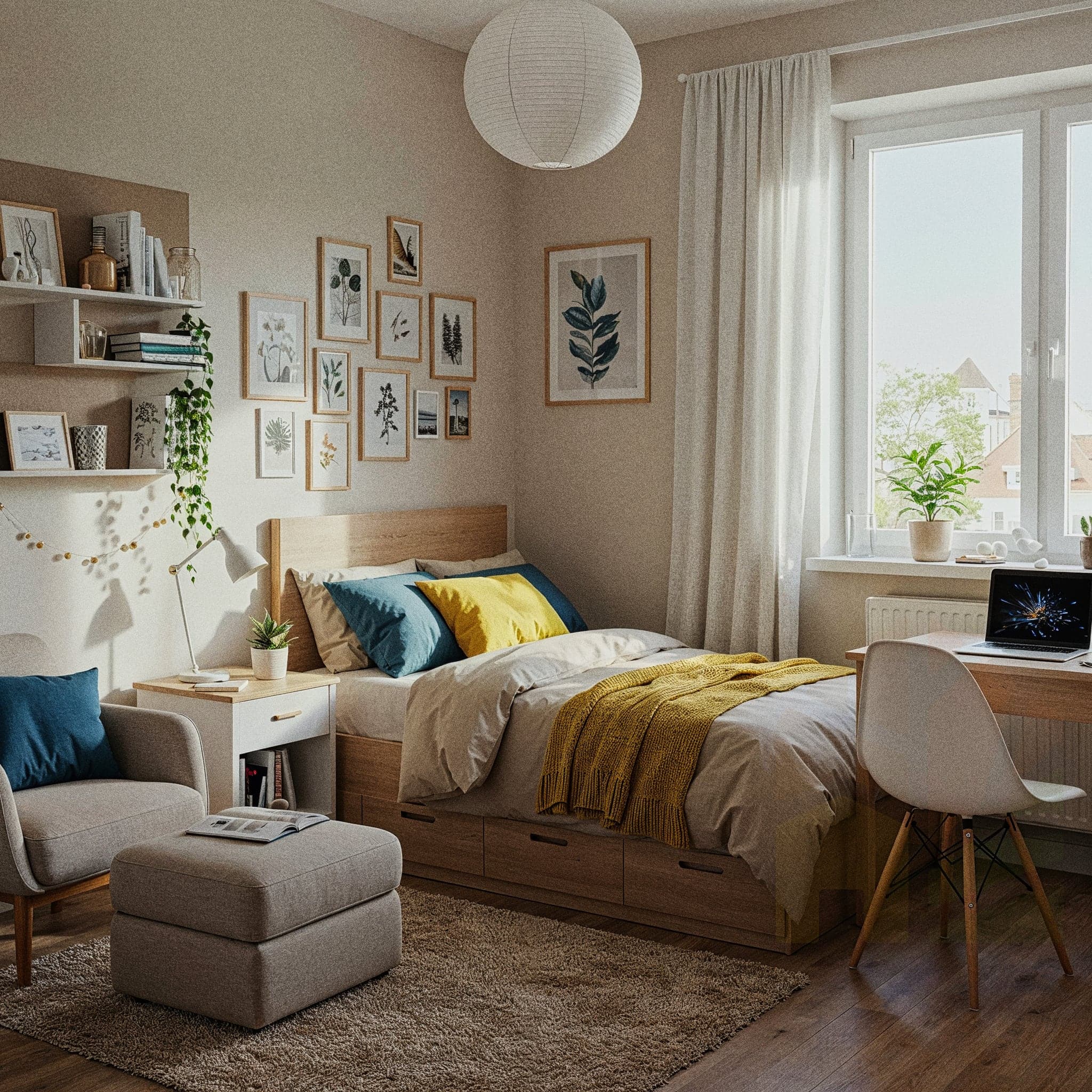 An exciting child’s room with a Cozy Adventure design, featuring a wooden bunk bed with a red and navy blanket featuring map prints, paired with a small wooden chest filled with toy cars. The room includes a world map wall decal, a hanging rope ladder, and a faux fur rug in brown. Large windows with sheer curtains allow natural light to enhance the dark wooden floor and beige walls, creating a warm and adventurous atmosphere.