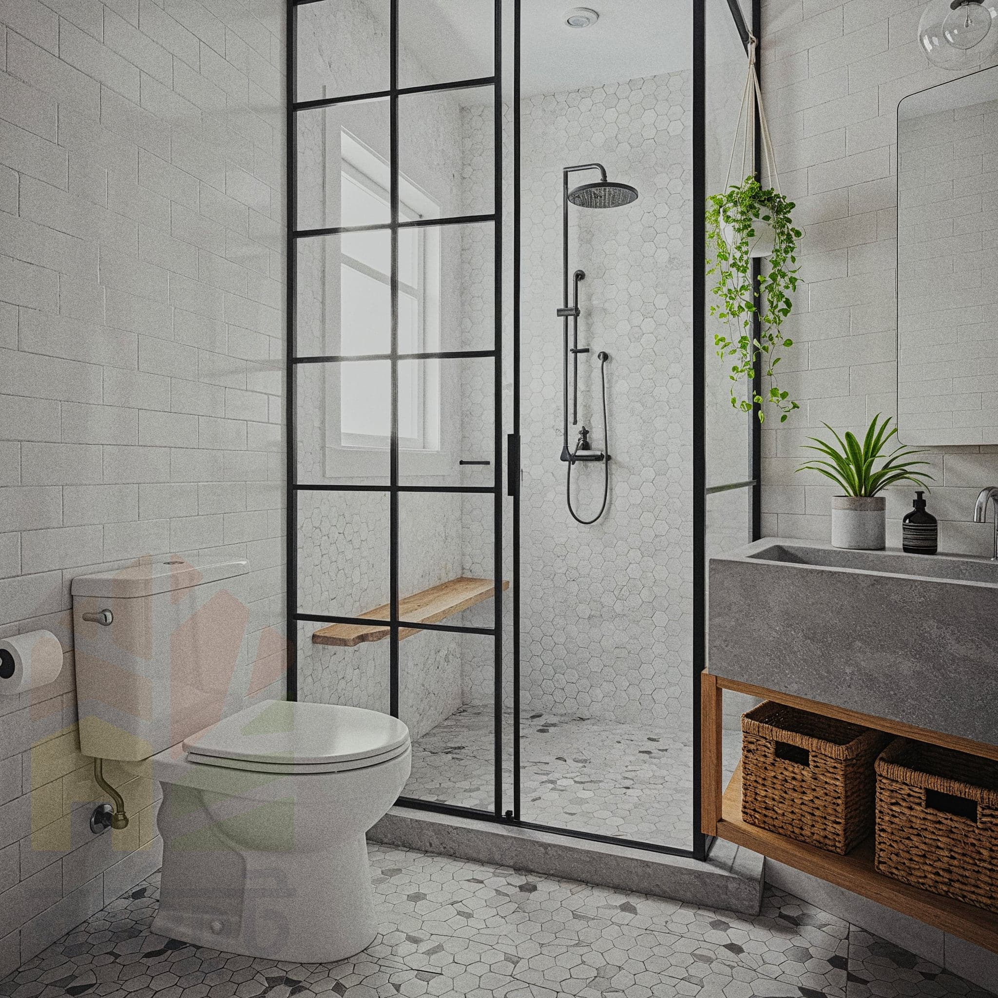 A calm and contemporary bathroom with a clean, minimalist design. The floating pale green vanity and white vessel sink are complemented by simple wooden floating shelves, a round mirror, and a spacious walk-in shower with a glass partition.