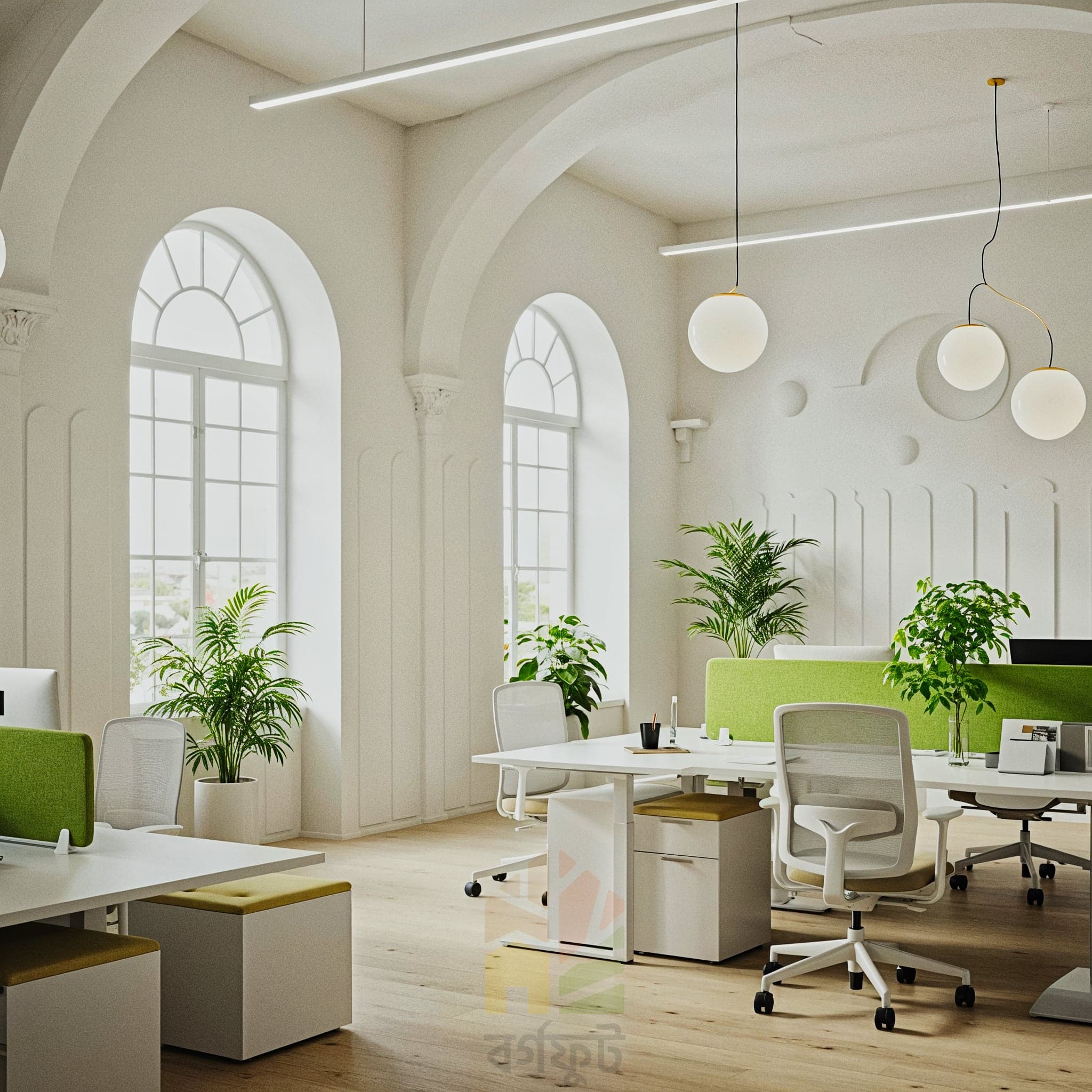 A bright, modern office interior with a white and green color scheme. The space features a long white desk with light green dividers, and multiple white and beige office chairs on wheels. The walls are a pristine white with decorative trim, and the floor is light-colored wood. Potted plants are placed throughout the room, on the floor, desks, and window sills.