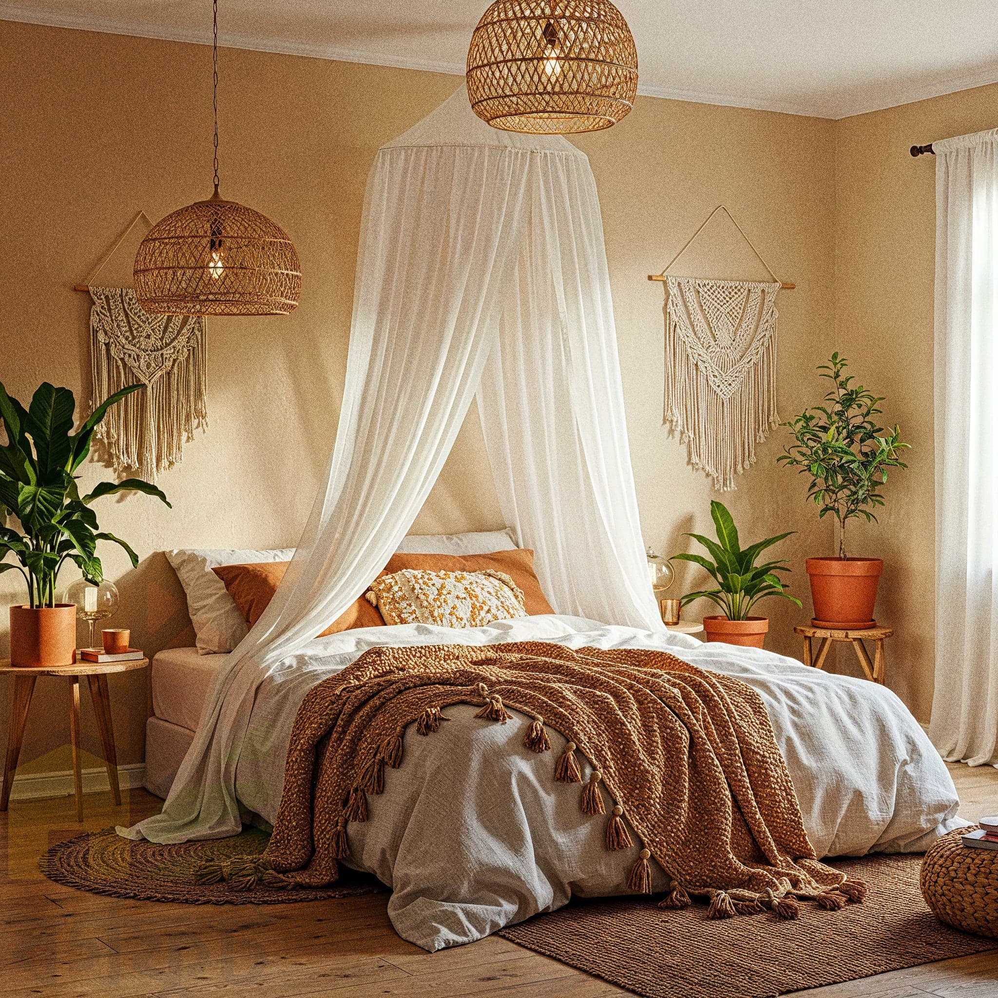 A cozy bedroom with a Boho Warm design, featuring a wooden bed adorned with an orange patterned quilt and plush orange and beige pillows, complemented by a chunky white knit throw. The room includes hanging rattan pendant lights, a macramé wall hanging, and cascading green plants in woven baskets, with a small woven rug and a patterned rug adding texture to the wooden floor. Side tables with lamps and potted plants enhance the warm, earthy ambiance, illuminated by natural light from a large window with sheer curtains.