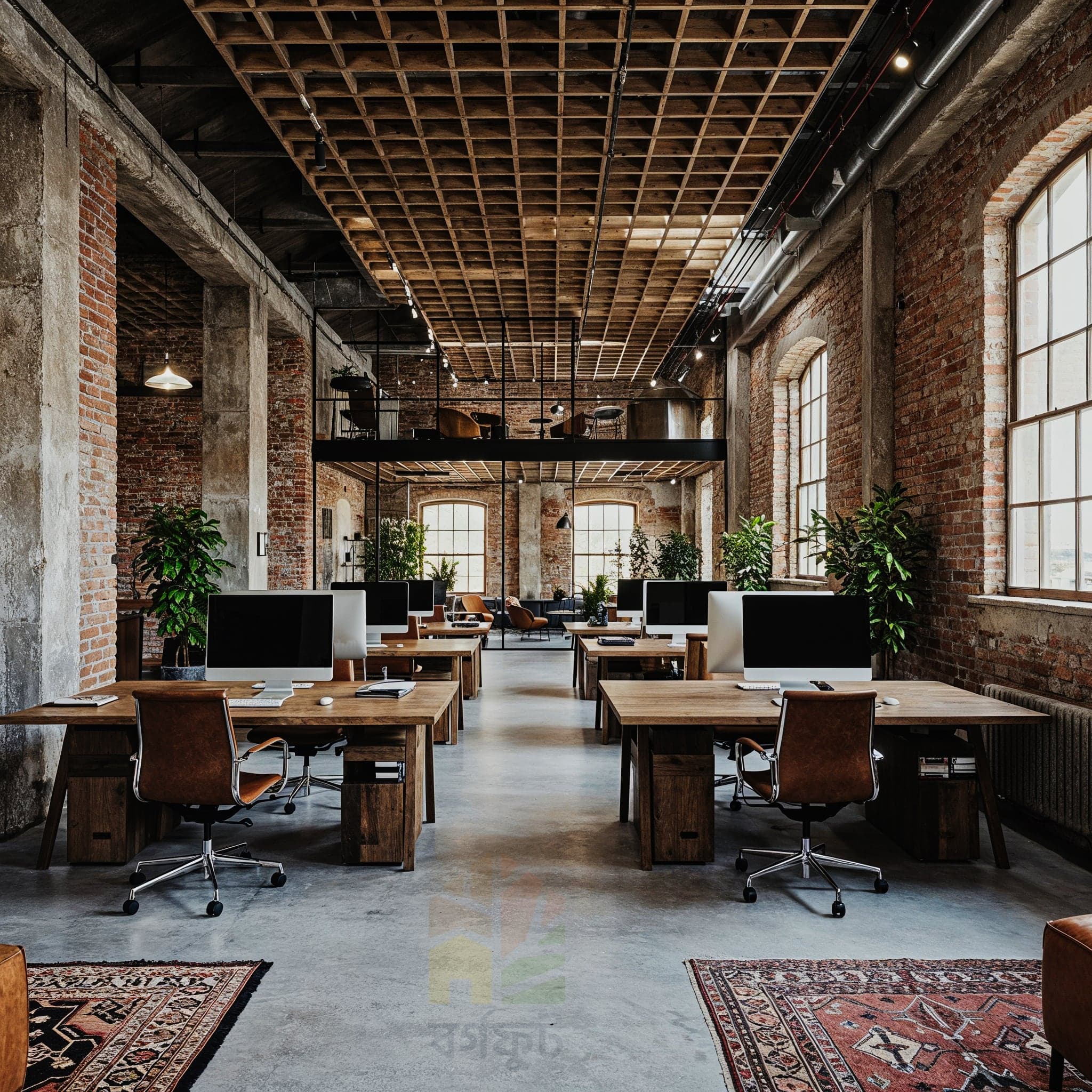 A candid, eye-level image of a modern office hallway. The raw concrete walls and ceiling are offset by polished wooden floors. On the left, a glass wall with a black frame reveals a cozy seating area with grey couches and a small coffee table. On the right, a long wooden desk with black legs runs along the wall, featuring several monitors and black office chairs. Potted plants line the center of the desk, and large black industrial pendant lights hang from the ceiling. The overall mood is professional and minimalist.