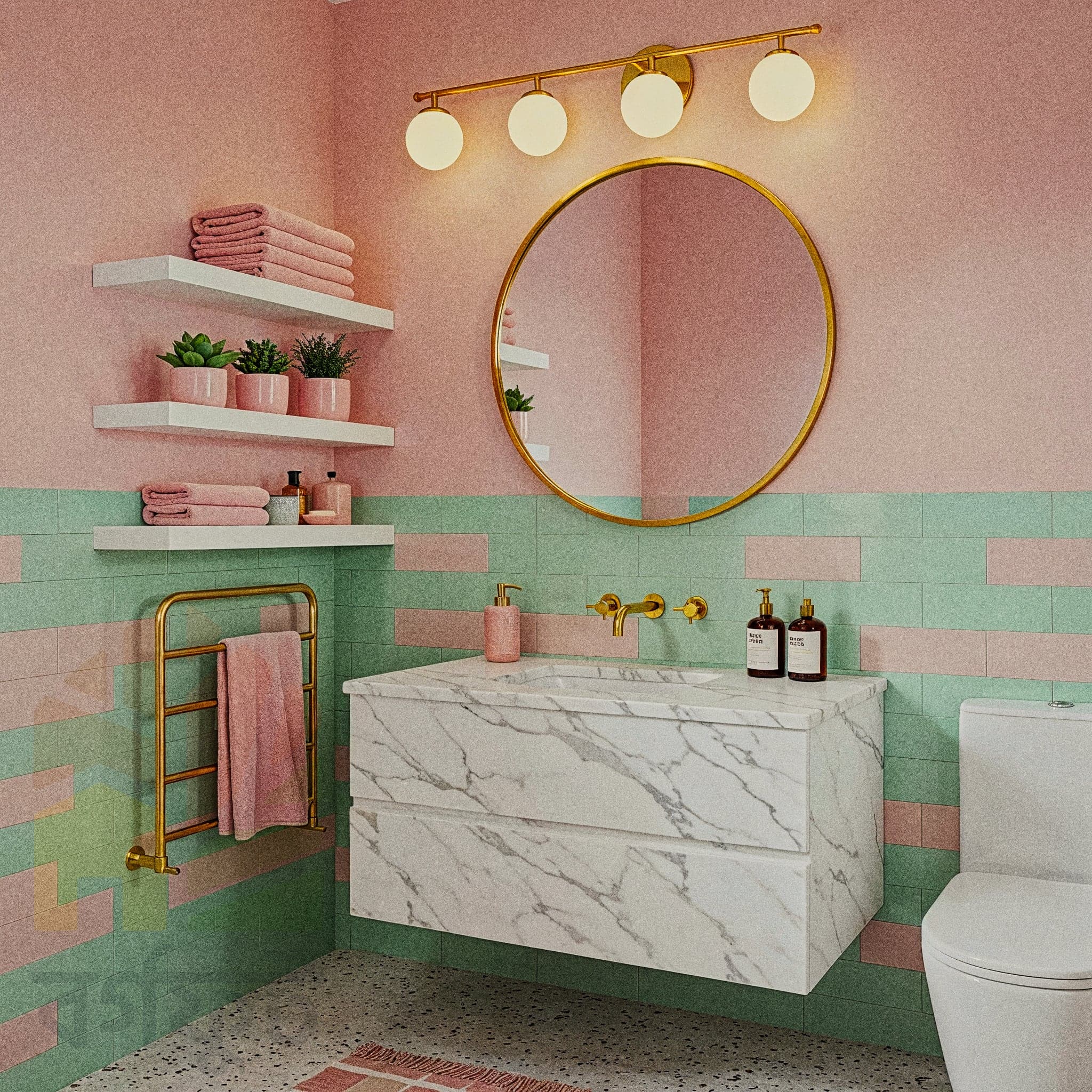 A modern bathroom with white subway tiles on the walls and hexagonal mosaic tiles on the floor. A black-framed glass shower enclosure is in the center. A gray concrete-like sink is on a wooden stand to the right, with a hanging plant above it. A toilet is on the left.