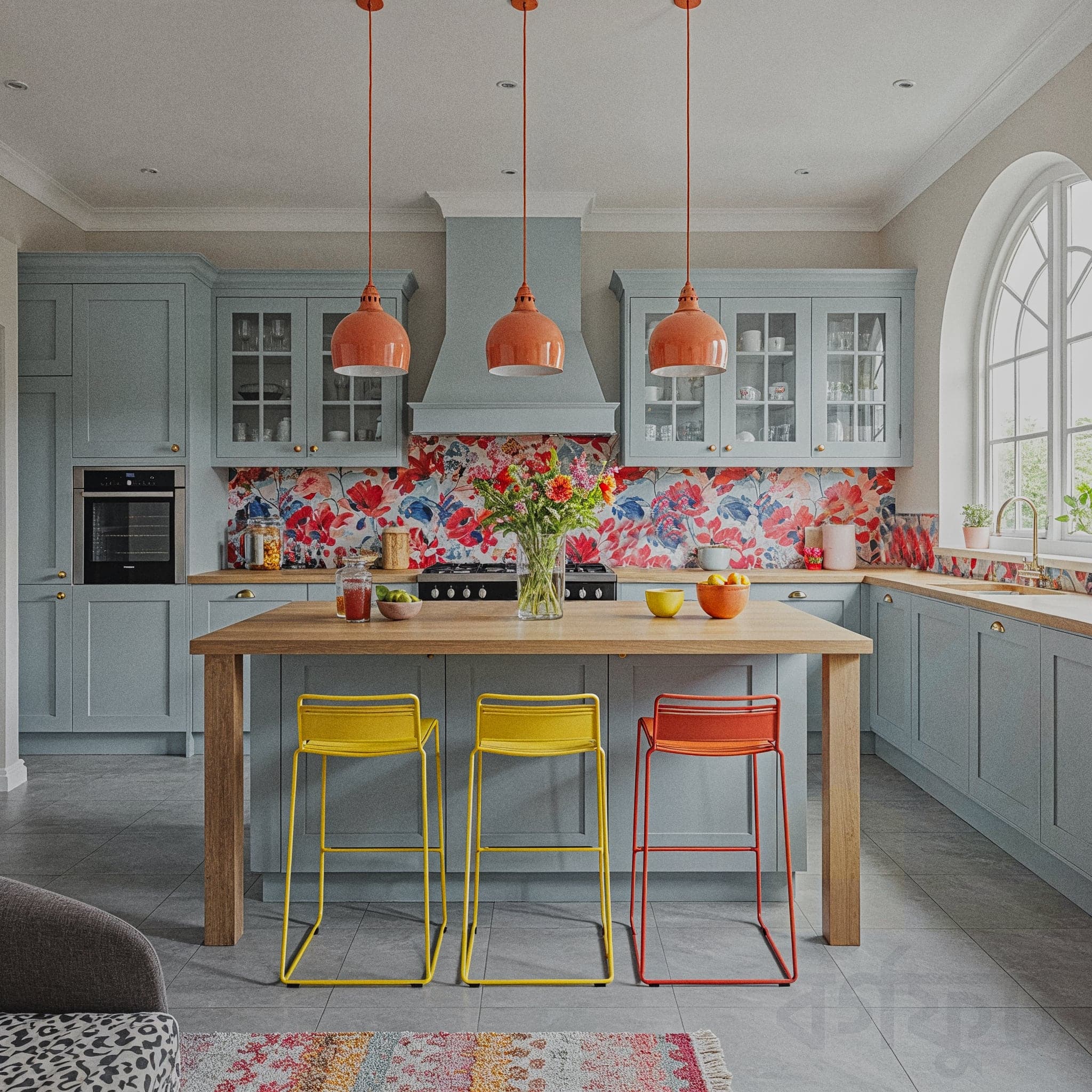 A modern kitchen with a Contemporary Sleek design, featuring glossy white cabinets with touch-latch doors, a black quartz countertop with a built-in induction cooktop, and a glass backsplash. The room includes open shelves with sleek glassware and a digital coffee maker, a minimalist pendant light with a metallic finish, and a small island with bar stools. Large windows with sheer curtains allow natural light to enhance the dark grey floor and white walls, creating a sleek and innovative cooking atmosphere.
