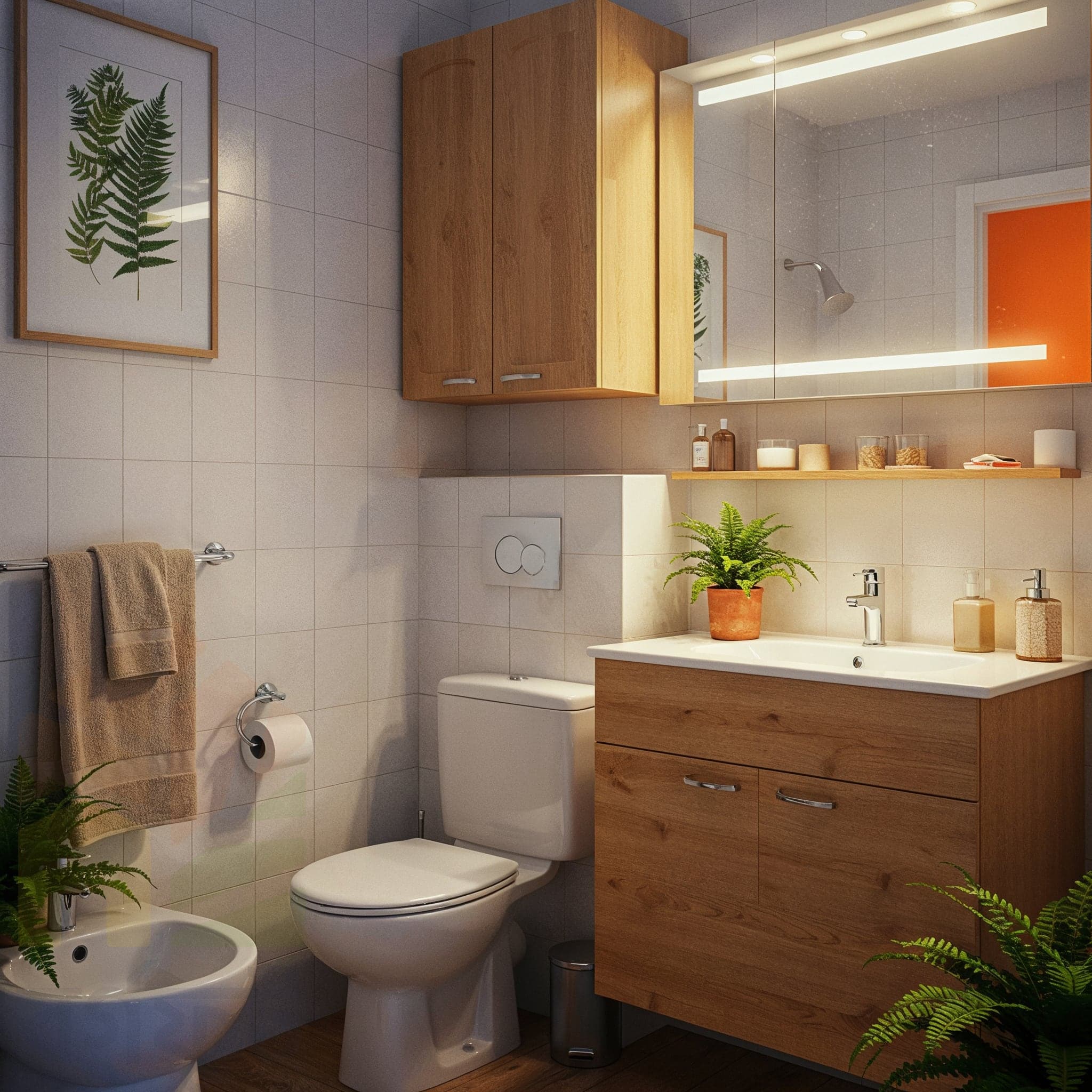 A classic-style bathroom with a wooden vanity and upper cabinet. The walls are covered in small, white square tiles. A black countertop holds a white vessel sink and a single faucet. A framed botanical print hangs on the wall. Potted ferns are placed on the counter and on the floor.