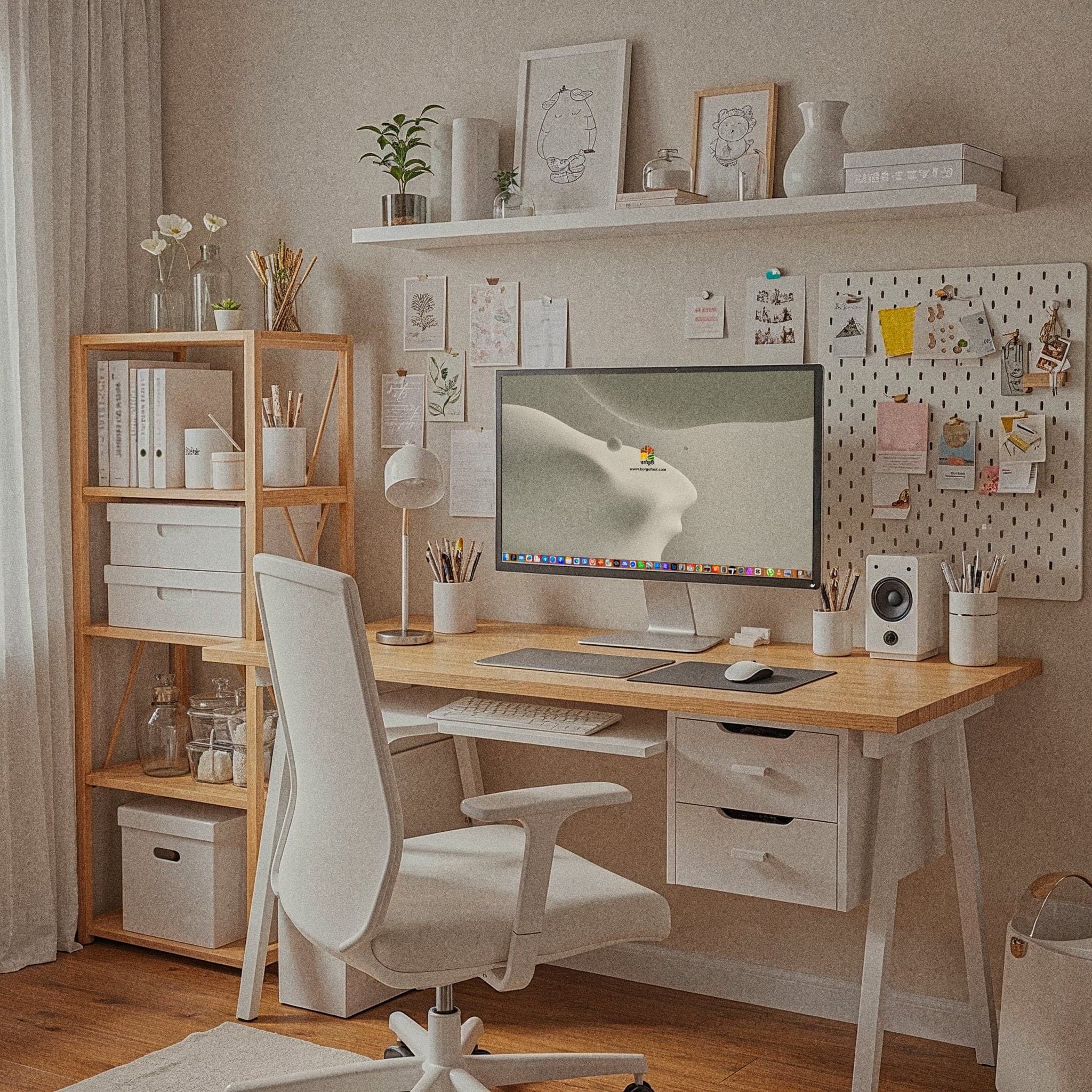 A modern, minimalist private office. A white desk with a laptop, mug, and small potted plant is centered in the room. A black ergonomic chair is tucked beneath the desk. A large glass partition separates the office from a common area with a staircase and a person sitting on a sofa. The space is filled with bright, natural light.