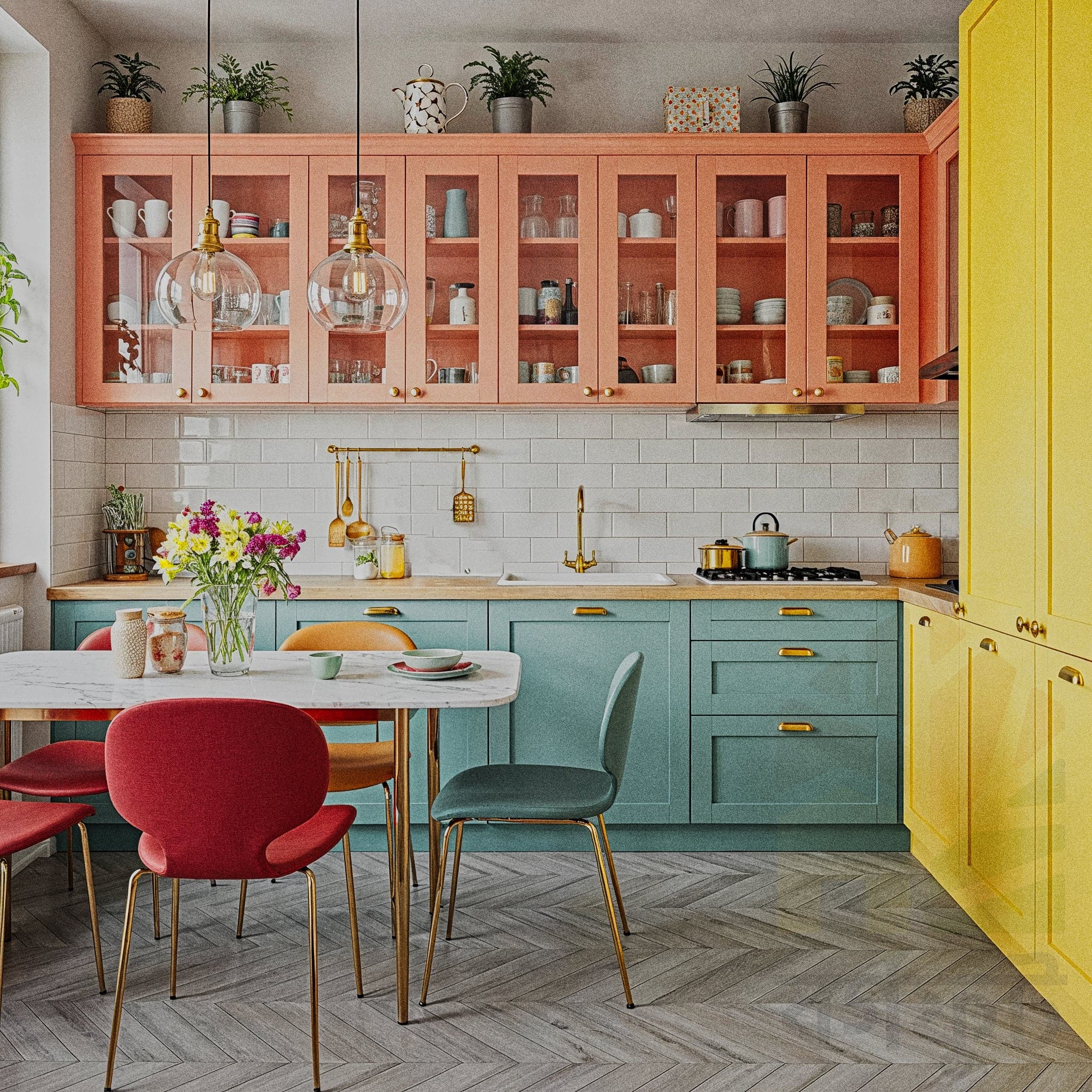 A stylish kitchen with a Vintage Chic design, featuring pastel blue cabinets with glass knobs, a marble countertop with a vintage mixer, and a tiled backsplash with floral patterns. The room includes open shelves with antique teacups and a small potted fern, a chandelier with crystal accents, and a small dining table with wrought iron chairs. Large windows with sheer curtains allow natural light to enhance the light wooden floor and soft pink walls, creating a chic and nostalgic cooking atmosphere.