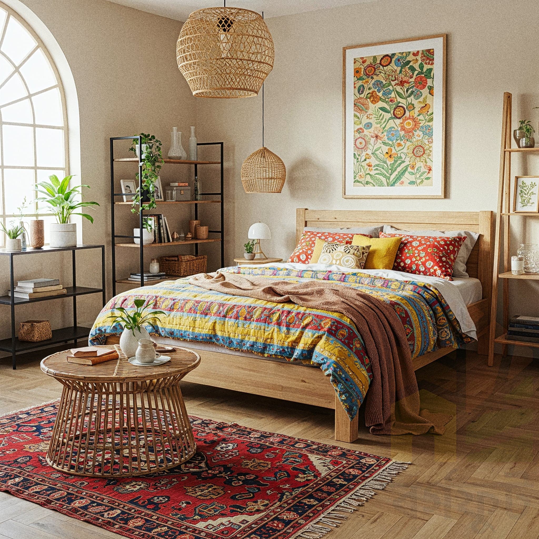 A bright and airy bedroom featuring Moroccan-inspired design with a low wooden bed adorned with terracotta and cream-colored linens, accented by intricate patterned throw pillows. The room showcases woven rattan wall decor, a plush jute rug, and potted plants, creating a warm, earthy ambiance. Soft sunlight filters through sheer curtains, highlighting the warm beige walls and wooden furniture, evoking a cozy, bohemian mood ideal for relaxation.