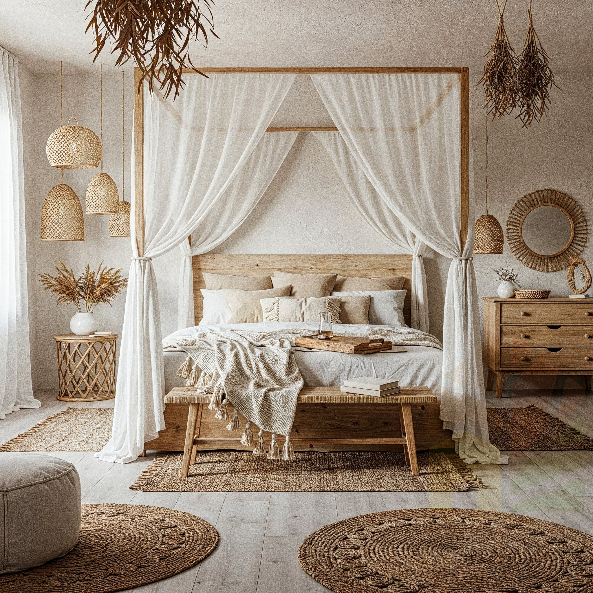 A cozy bedroom with light brown walls and hardwood floors. A bed with a rattan headboard is covered in terracotta-colored linens and a cream-colored knit blanket. String lights are draped over the headboard. On either side of the bed are small round rattan side tables with plants and lamps. A large, patterned area rug is layered over smaller rugs. A hanging wicker chair and a collection of circular rattan mirrors decorate the room.