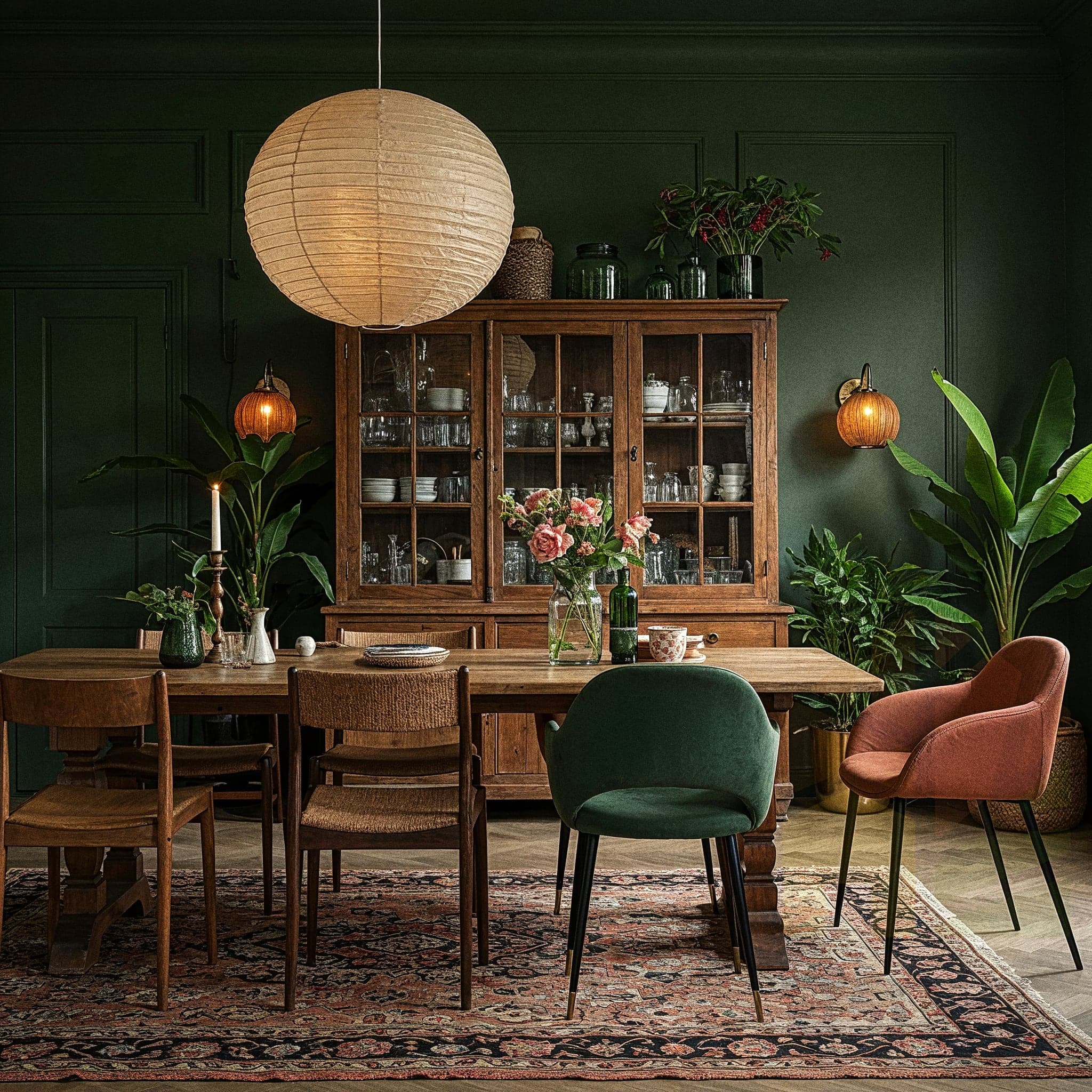 A bright dining room features a rustic dark wood dining table surrounded by white chairs with natural wood seats. A large, ornate blue patterned rug is on the floor. The walls have white vertical paneling. A large white hutch with glass doors displays white dishware. The table is set with white plates, blue glasses, and a glass vase filled with fresh white and green flowers.