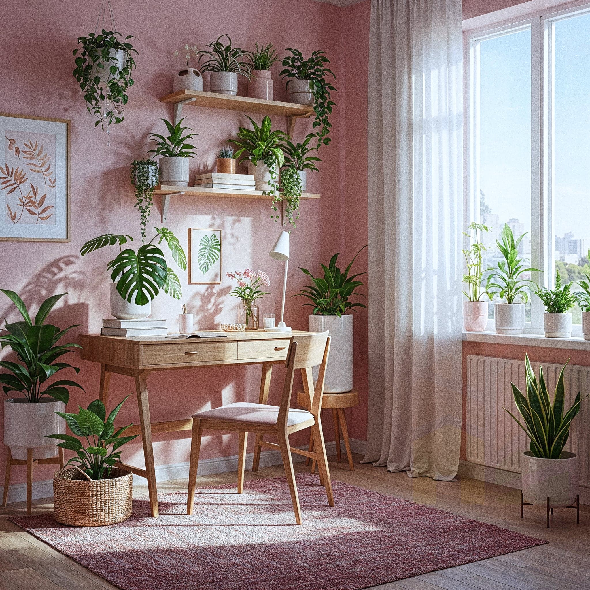 A lively child’s room with a Vibrant Jungle design, featuring a wooden bed with bright orange and green bedding featuring tiger and leaf patterns, paired with a small play mat with animal toys. The room includes a hanging vine decoration, a wall with a painted jungle mural, and a rattan chair with colorful cushions. Large windows with sheer curtains allow natural light to enhance the light wooden floor and yellow accent wall, creating a bold and playful atmosphere.