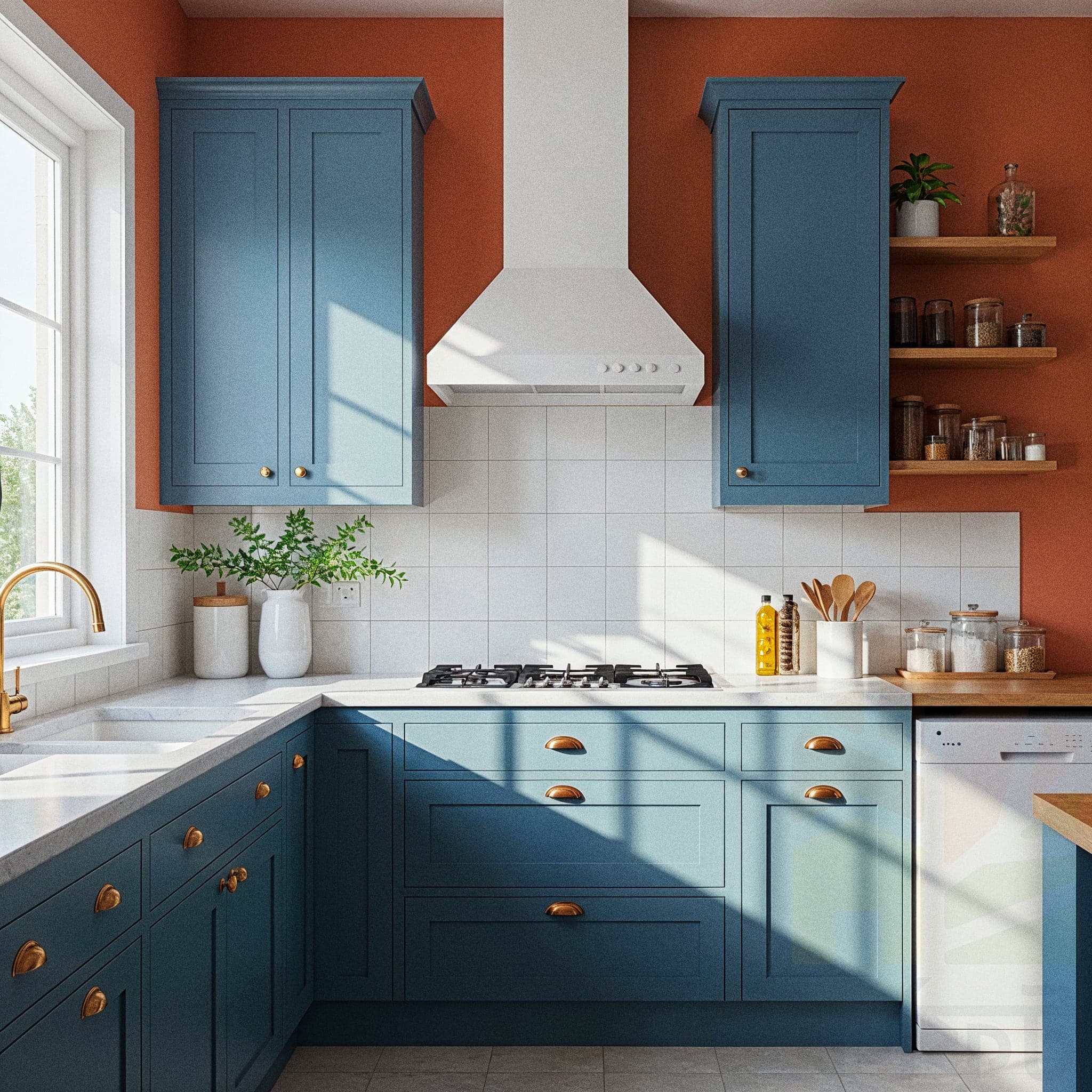 A sleek kitchen with a Modern Minimal design, featuring white cabinets with handleless doors, a glossy white countertop with a built-in sink, and stainless steel appliances. The room includes open shelves with a few ceramic mugs, a single pendant light with a metallic shade, and a small potted plant. Large windows with sheer curtains allow natural light to enhance the light grey floor and white walls, creating a clean and airy cooking atmosphere.