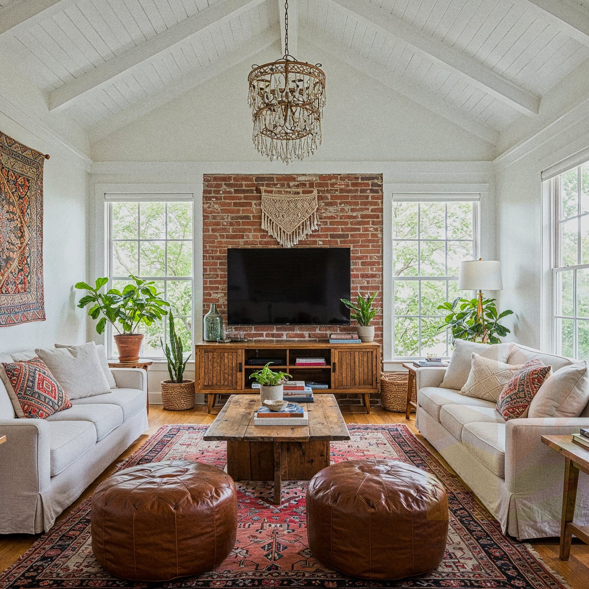 A bold living room with an Industrial Rugged design, featuring exposed brick walls, a leather sofa with metal legs, and a reclaimed wood coffee table with a metal frame. The room includes open metal shelving with books and industrial lamps, a hanging rack with Edison bulbs, and a dark grey armchair. Large windows with sheer curtains allow natural light to enhance the concrete floor and black accent wall, creating a rugged and functional atmosphere.