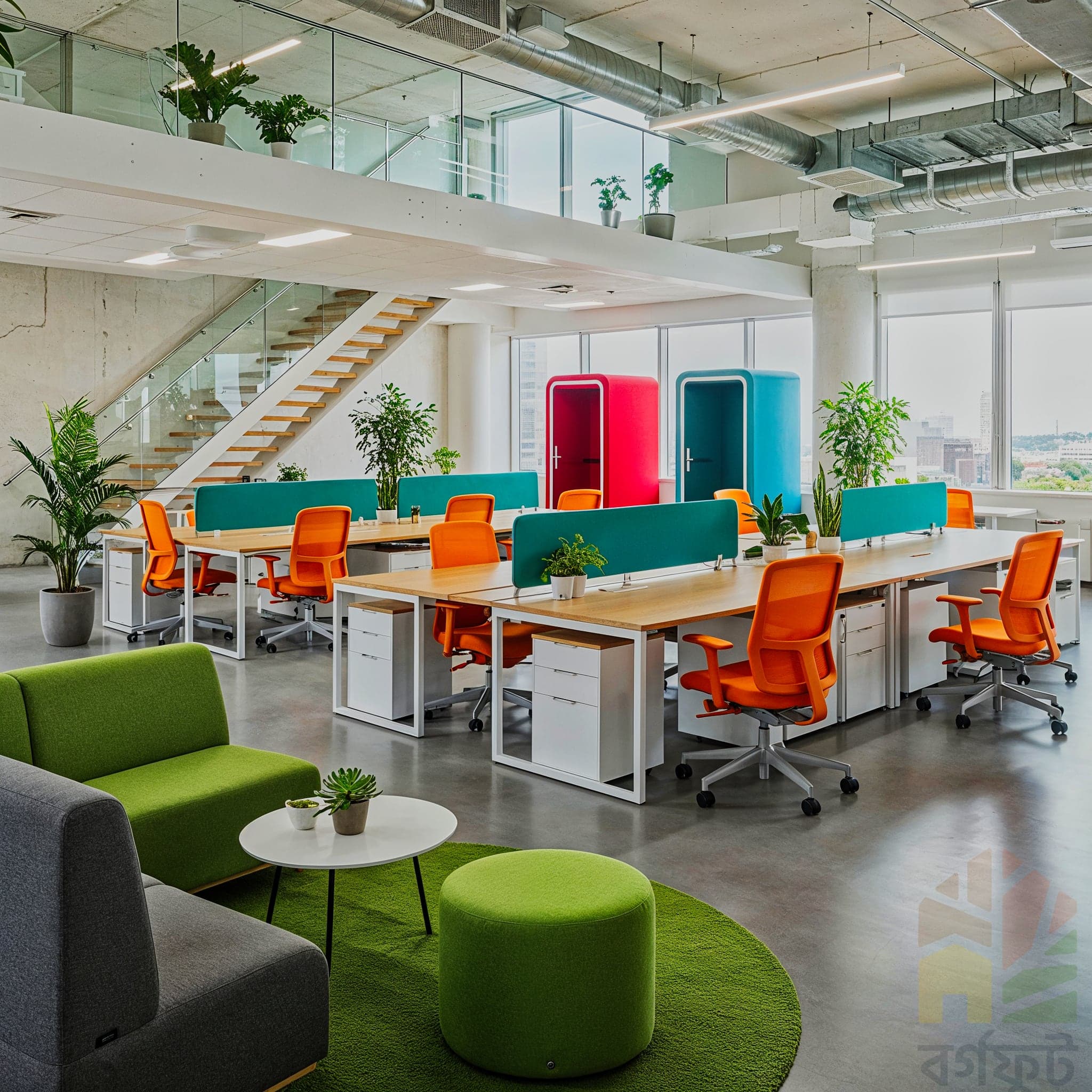 A bright, Scandinavian-style meeting room. A long, light-wood table with tapered legs is positioned in the center, surrounded by grey upholstered chairs with light wooden legs. A large white whiteboard is mounted on the left wall.