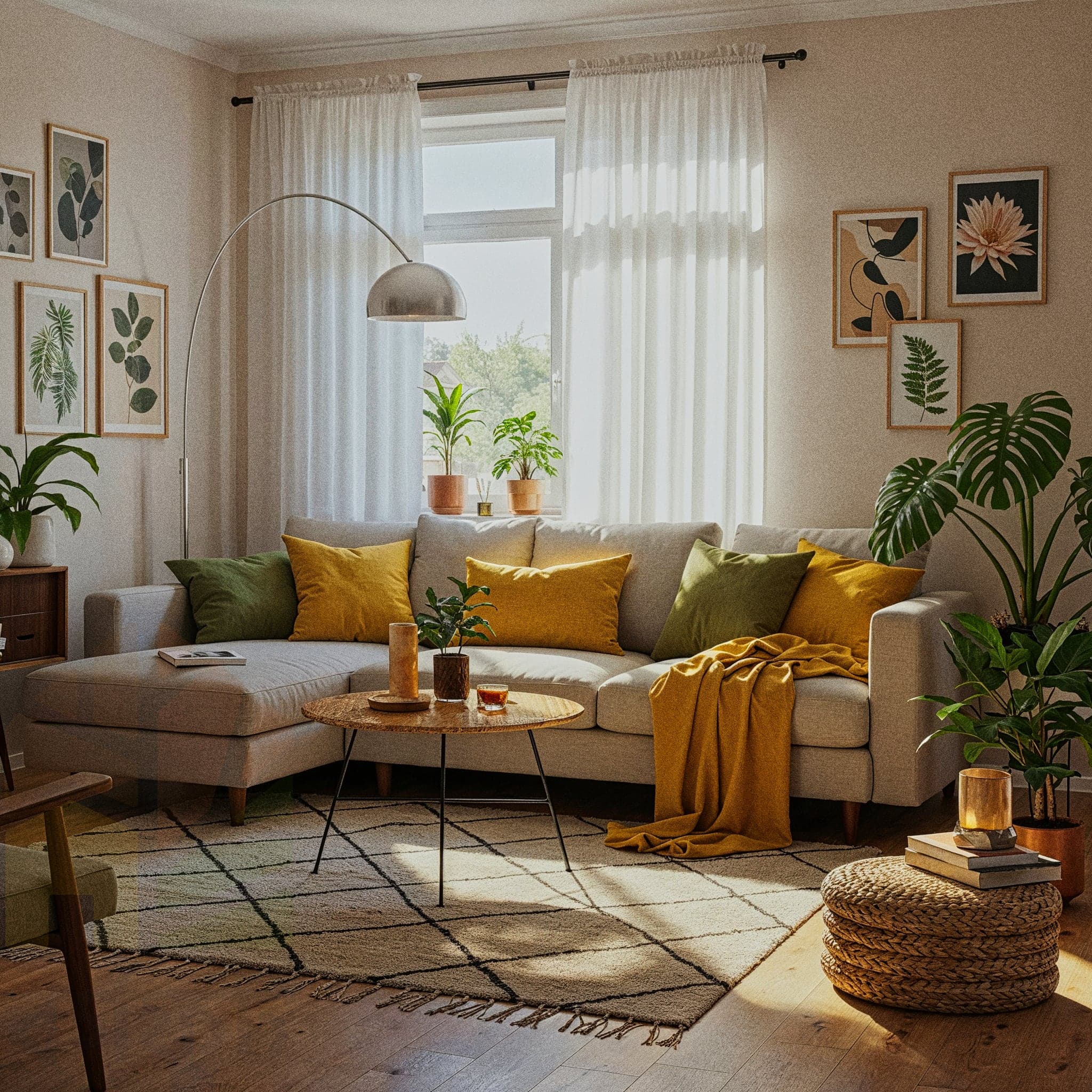 A dynamic living room with an Eclectic Funky design, featuring a velvet sofa in teal, a yellow armchair with a leopard print throw, and a mosaic-tiled coffee table. The room includes a wall with vinyl records as decor, a retro floor lamp with a colorful shade, and a bean bag chair in orange. Large windows with sheer curtains allow natural light to enhance the dark wooden floor and purple accent wall, creating a fun and quirky atmosphere.