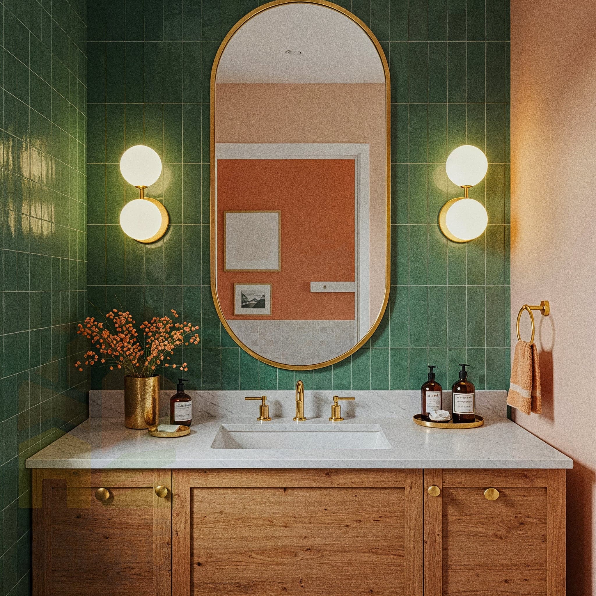 A traditional bathroom with a wooden vanity and a white marble countertop. The floor is covered in small blue tiles, and the walls are painted a light beige. The walk-in shower is tiled in a light blue herringbone pattern with a glass partition. Gold fixtures are used for the faucet and shower head. A framed mirror hangs above the sink, and a potted fern sits on the vanity.