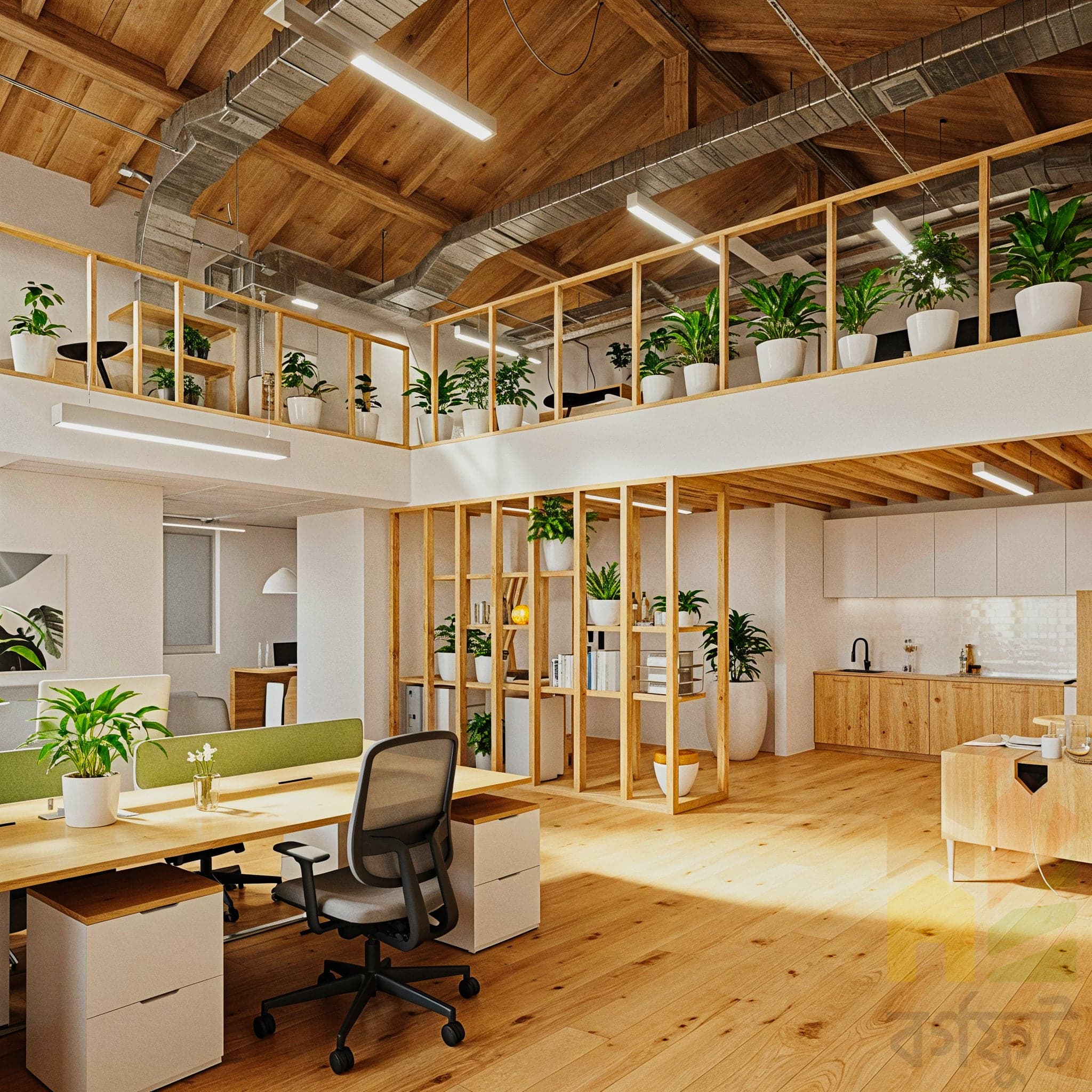 A candid image of a bright, modern office space. Two long wooden desks are positioned side-by-side, each with several bright green office chairs on wheels. The desks have wooden storage boxes underneath.