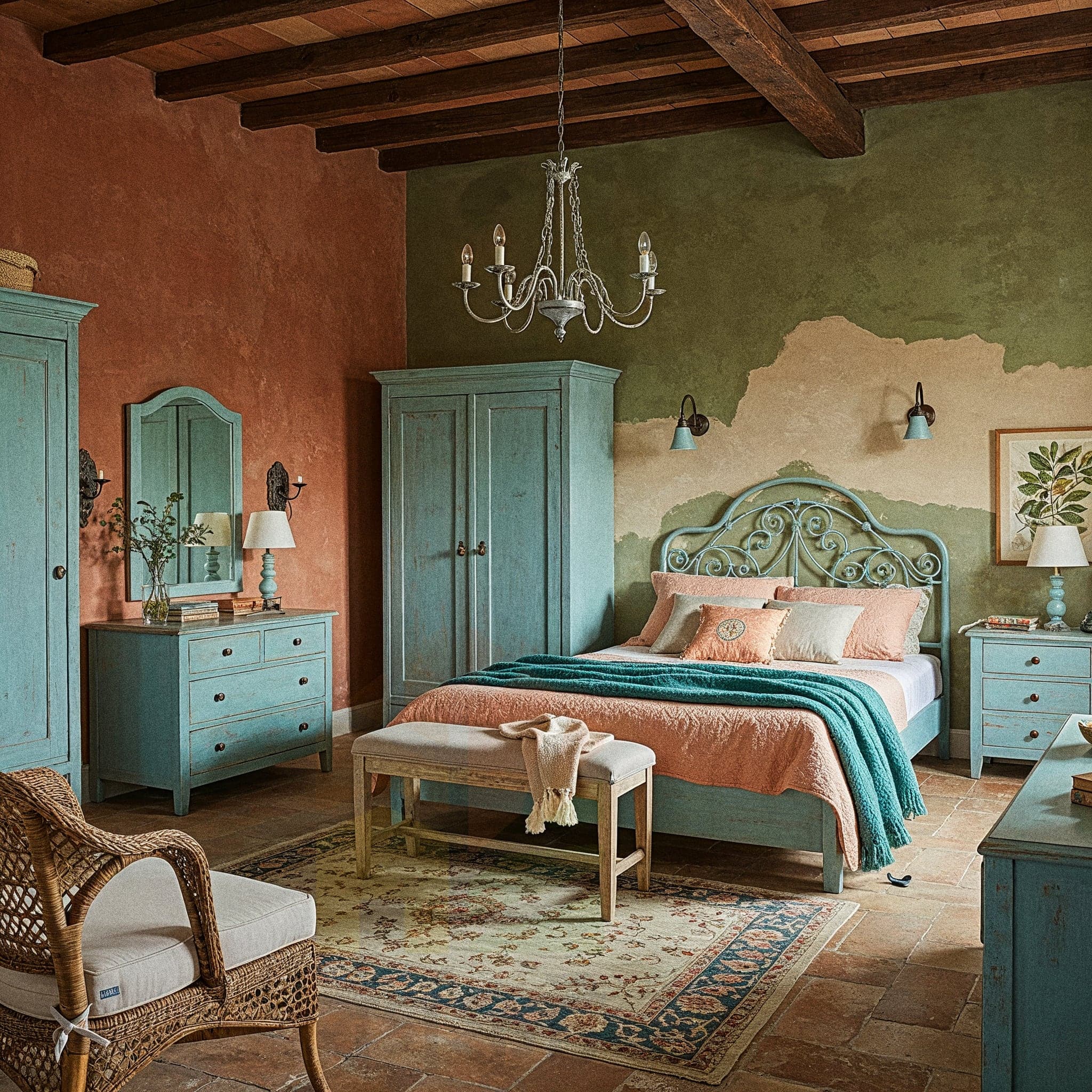 An elegant bedroom with a wooden bed frame and a rounded green fabric headboard. The walls are light beige with detailed decorative molding. The bed has a white duvet with a subtle floral pattern, and two pillows in yellow and pink are on the bed. A large wooden bookshelf is to the right. Two wooden nightstands with white lamps are on either side of the bed.