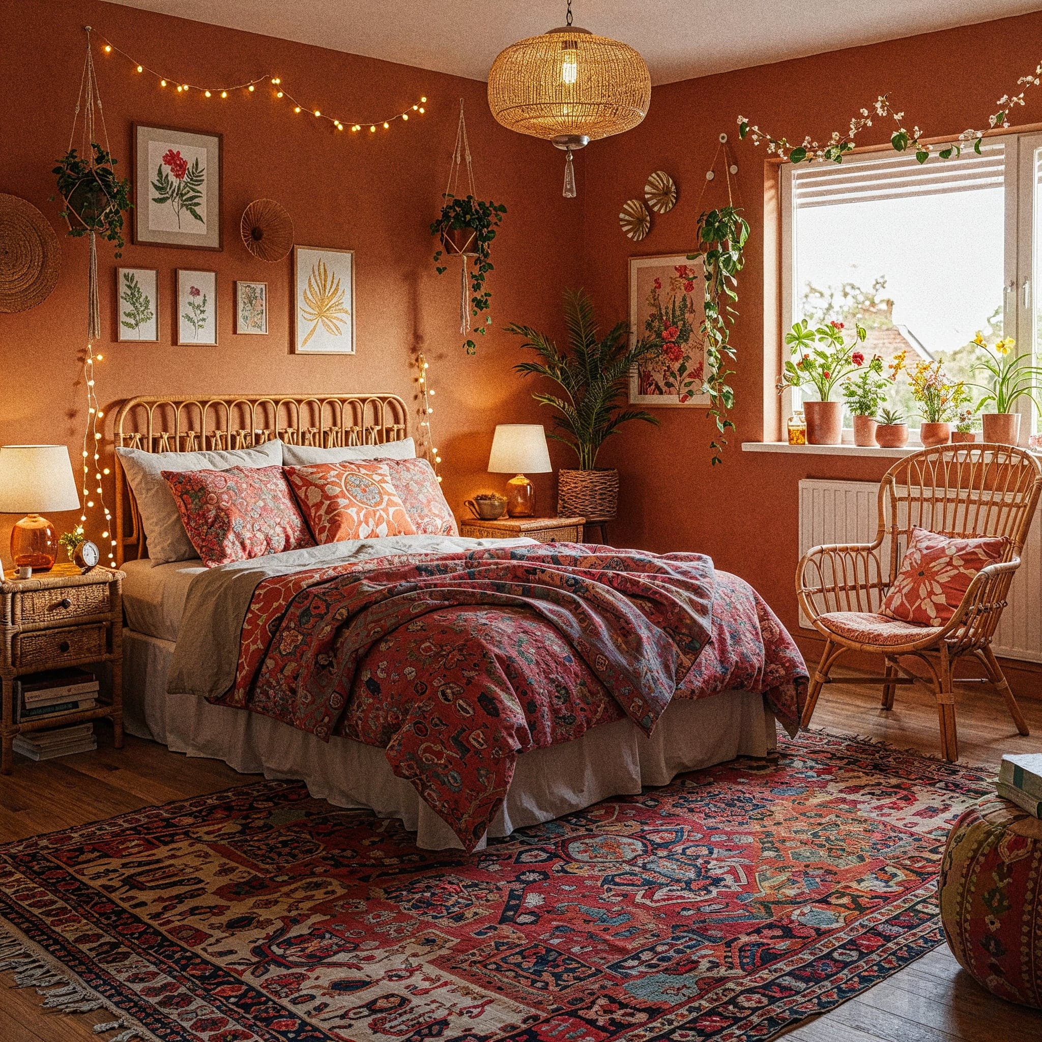 A bright bedroom with a light-colored wood floor and light beige walls. A bed with a natural-colored rattan frame is covered in a beige duvet and a brown throw blanket. The room is decorated with a variety of woven and rattan pieces, including a side table, a basket at the foot of the bed, and two small round rugs. Hanging plants and framed botanical art pieces adorn the wall.