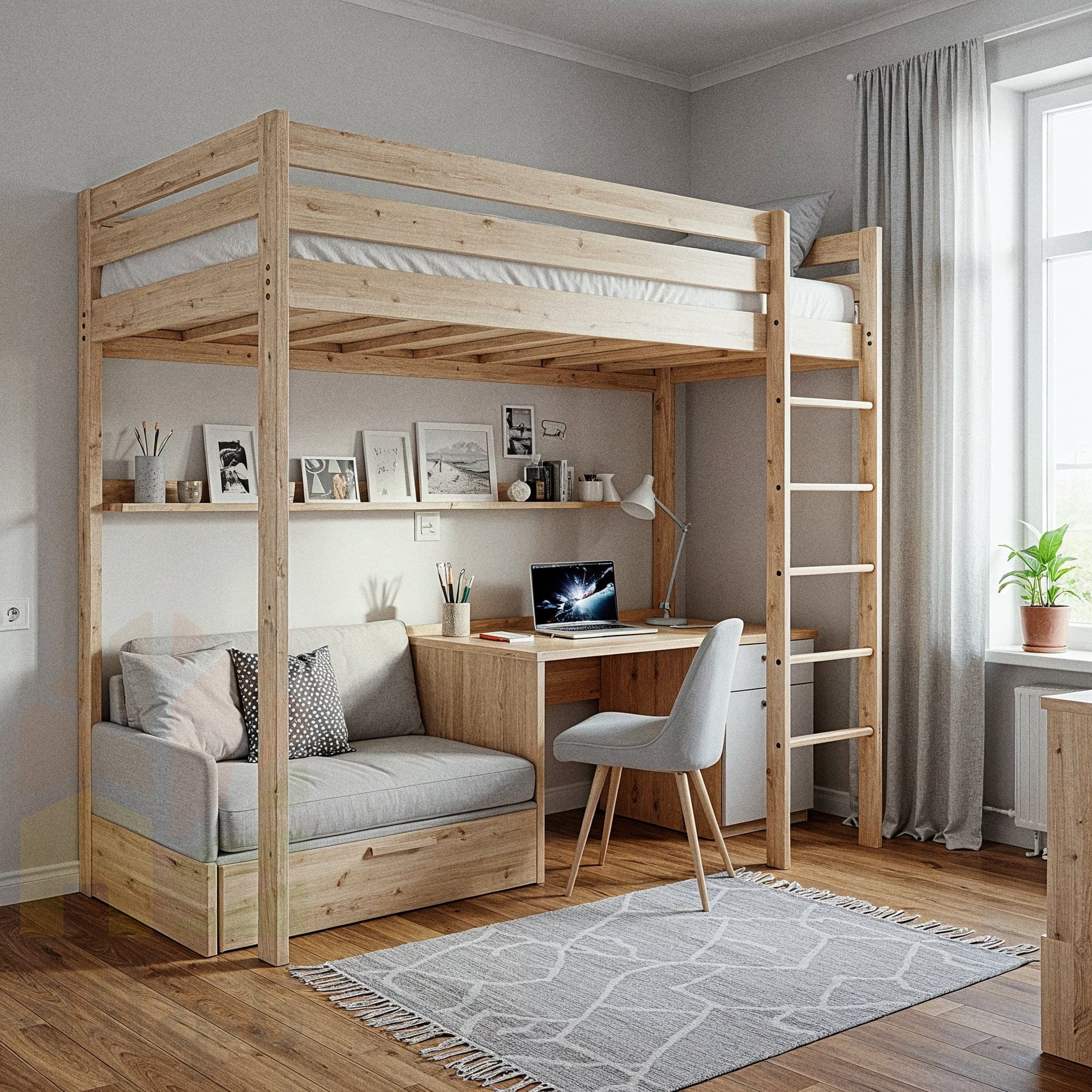 A magical child’s room with a Whimsical Woodland design, featuring a wooden bunk bed with green and brown bedding featuring tree and animal prints, paired with a small wooden stool holding a storybook. The room includes a fabric teepee with cushions, a wall mural of a forest scene, and a hanging mobile with woodland creatures. Large windows with sheer curtains allow natural light to enhance the light wooden floor and beige walls, creating a cozy and whimsical atmosphere.