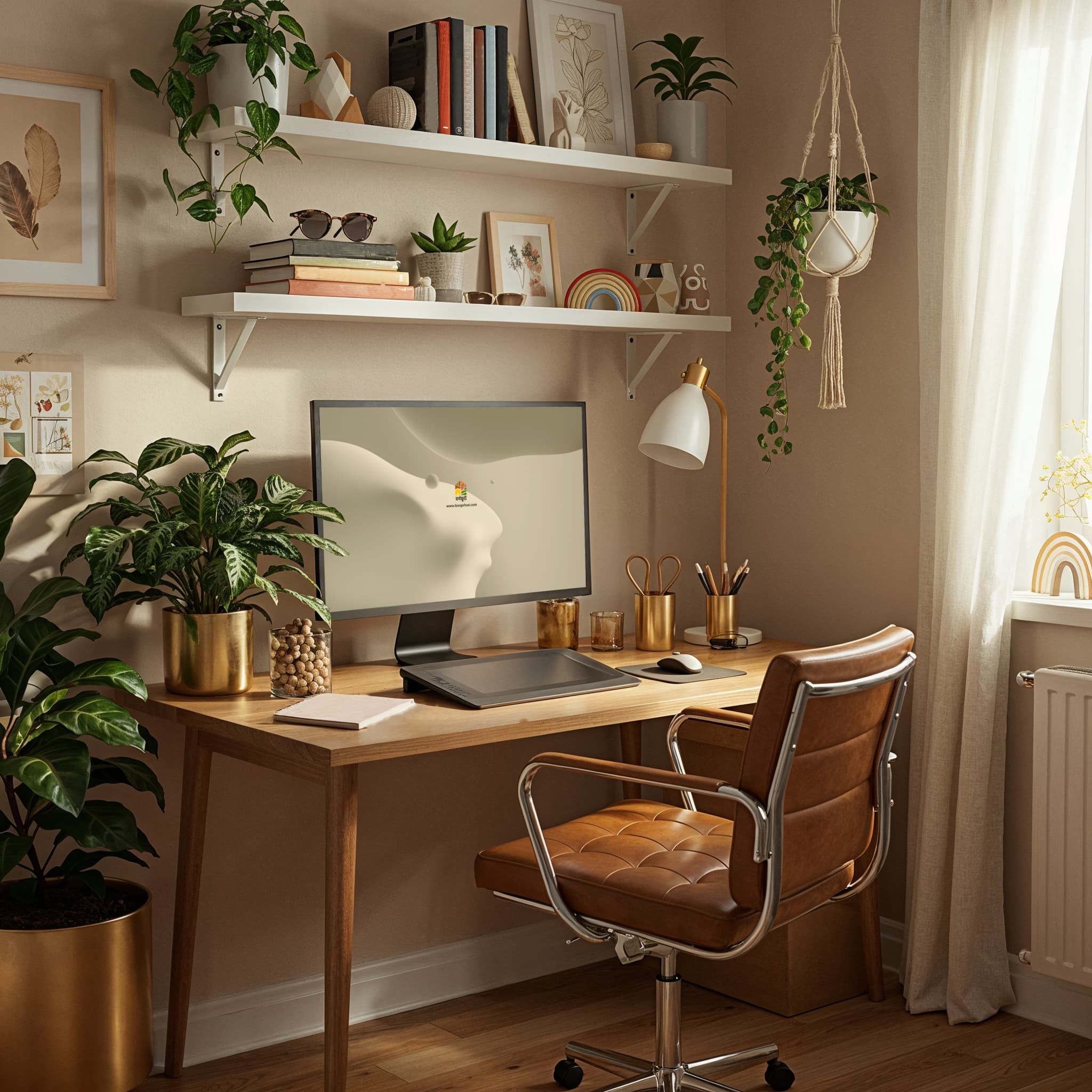 A cozy and inviting private office that blends the warmth of natural wood with a cool, industrial-inspired concrete wall. The large window floods the space with light and a view of nature, making it a peaceful and inspiring sanctuary for work.