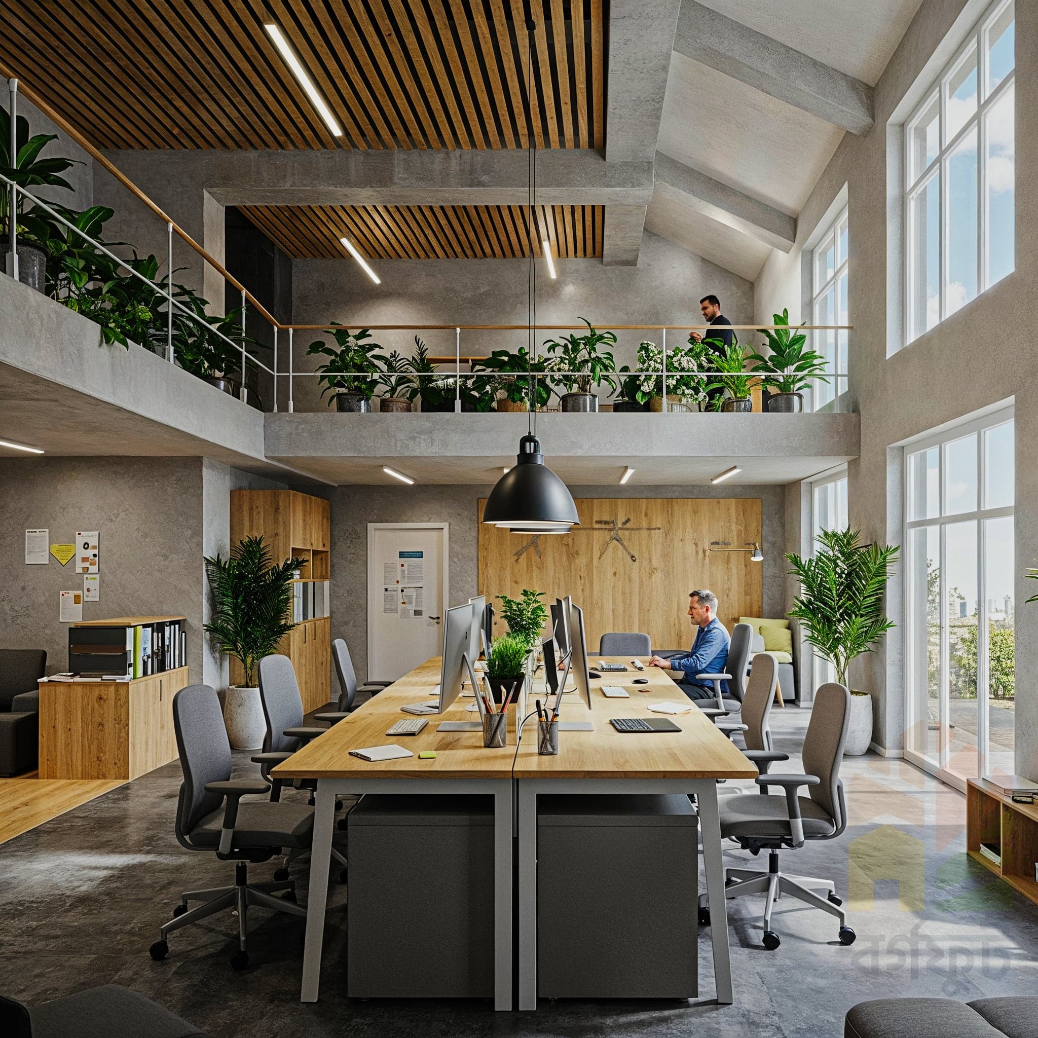 A wide-angle, eye-level image of a modern commercial office interior. The space features large wooden desks with black metal legs arranged in a cluster. The walls are exposed concrete, and the ceiling has a dark, gridded texture with linear LED light strips. Potted plants are placed on the desks and on large black metal shelving units that also hold books and decorative items. Black office chairs with wooden backs are placed at each workstation. Large windows line the back wall, and natural light fills the room.