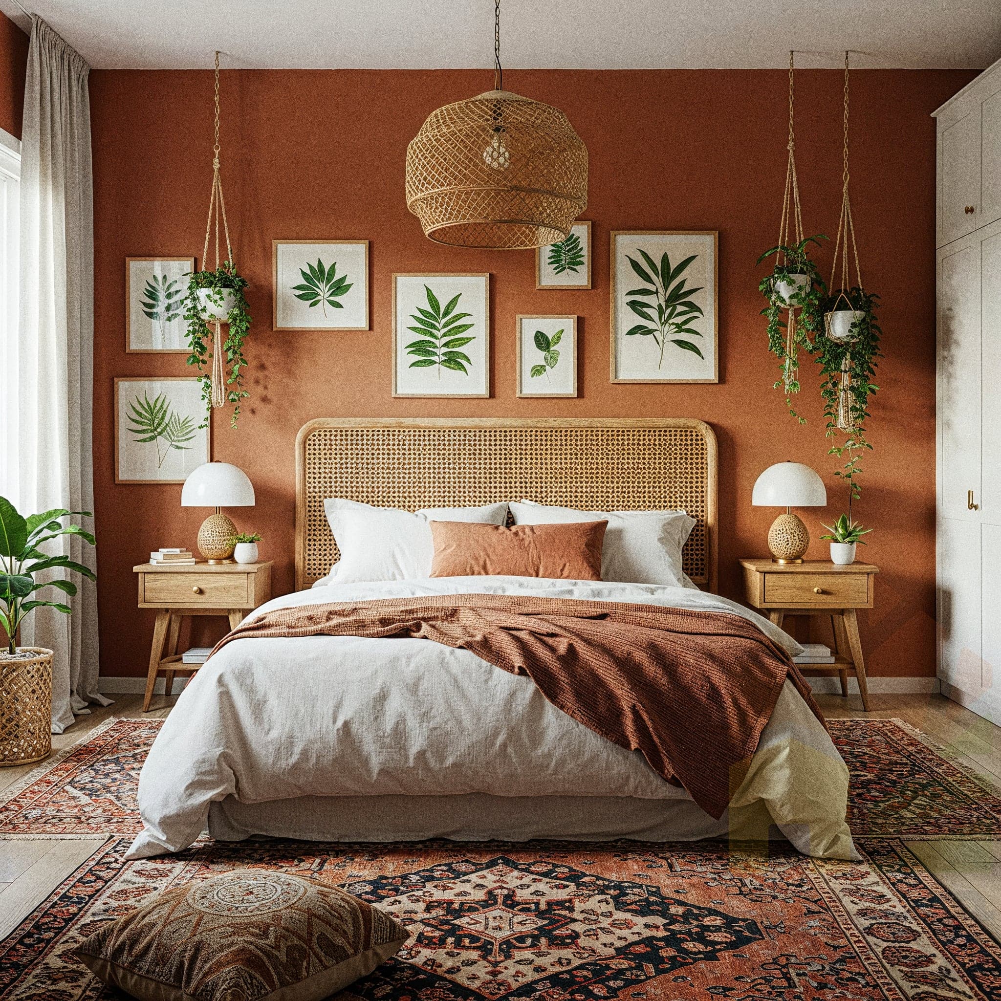 A bohemian-style bedroom with a wooden bed frame and a mix of white, teal, and orange pillows on a white duvet. A striped throw blanket with orange tassels is draped across the bed. A circular, ornate gold sunburst mirror hangs on the wall above the bed. Two different woven pendant lights hang from the ceiling. A green cactus and plant-themed tapestry hangs on the wall, and various potted plants are placed throughout the room. A round green and white patterned rug is on the floor, and a wicker chair with an orange pillow is in the corner.