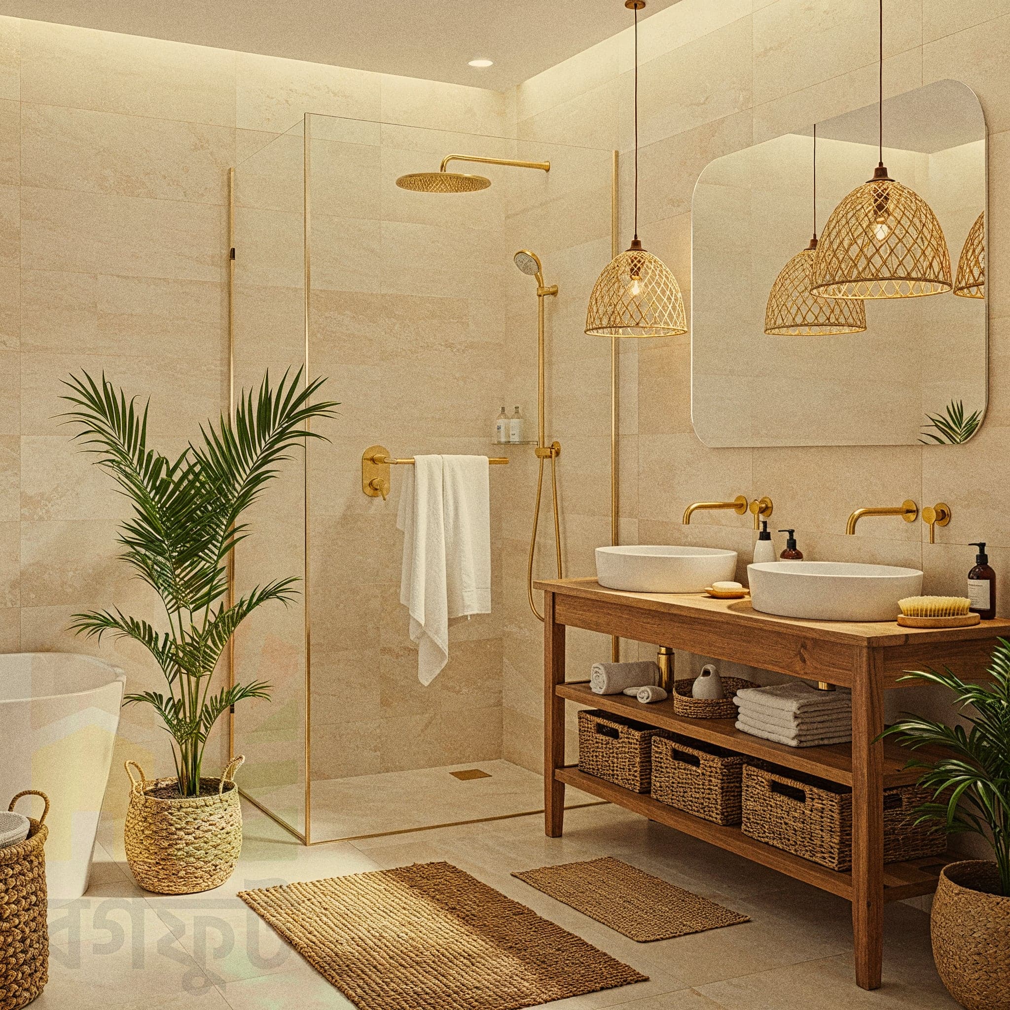 A cozy, bohemian-style bathroom with light-colored walls and a wooden floor. A toilet is in the center, with a large, beige macrame wall hanging above it. To the left, a stack of woven baskets holds towels and a small plant. A wooden floating shelf holds a soap bottle and decor. A large potted plant sits in a woven basket on the right.