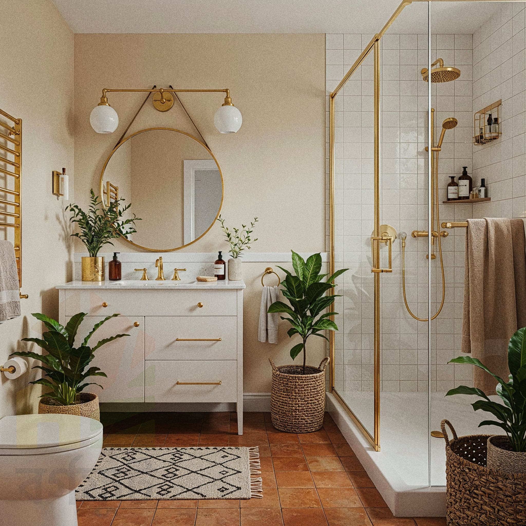 This bathroom beautifully merges rustic elements with modern design. The rustic wooden countertop and gold fixtures create a warm, yet polished look, while the hanging plants add a touch of natural elegance to the space.