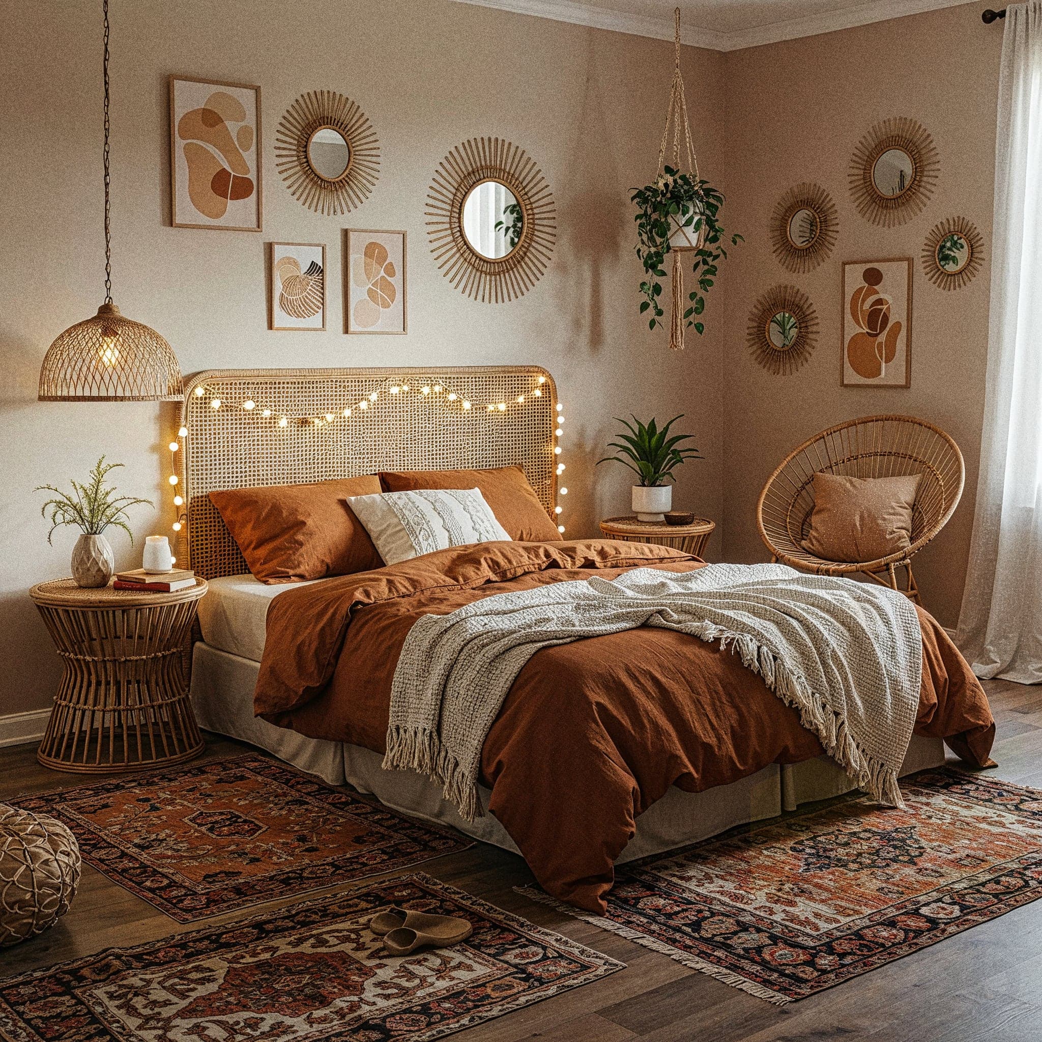 An atmospheric, dimly lit bedroom with light-colored walls and hardwood floors. A bed with a woven rattan headboard is adorned with string lights. The bed is covered in dark terracotta-colored linens and a cream-colored knit blanket. A small woven side table with a lamp is on the left. Several round, woven mirrors and abstract art pieces decorate the wall. The floor is covered with a large, ornate rug layered with smaller ones.