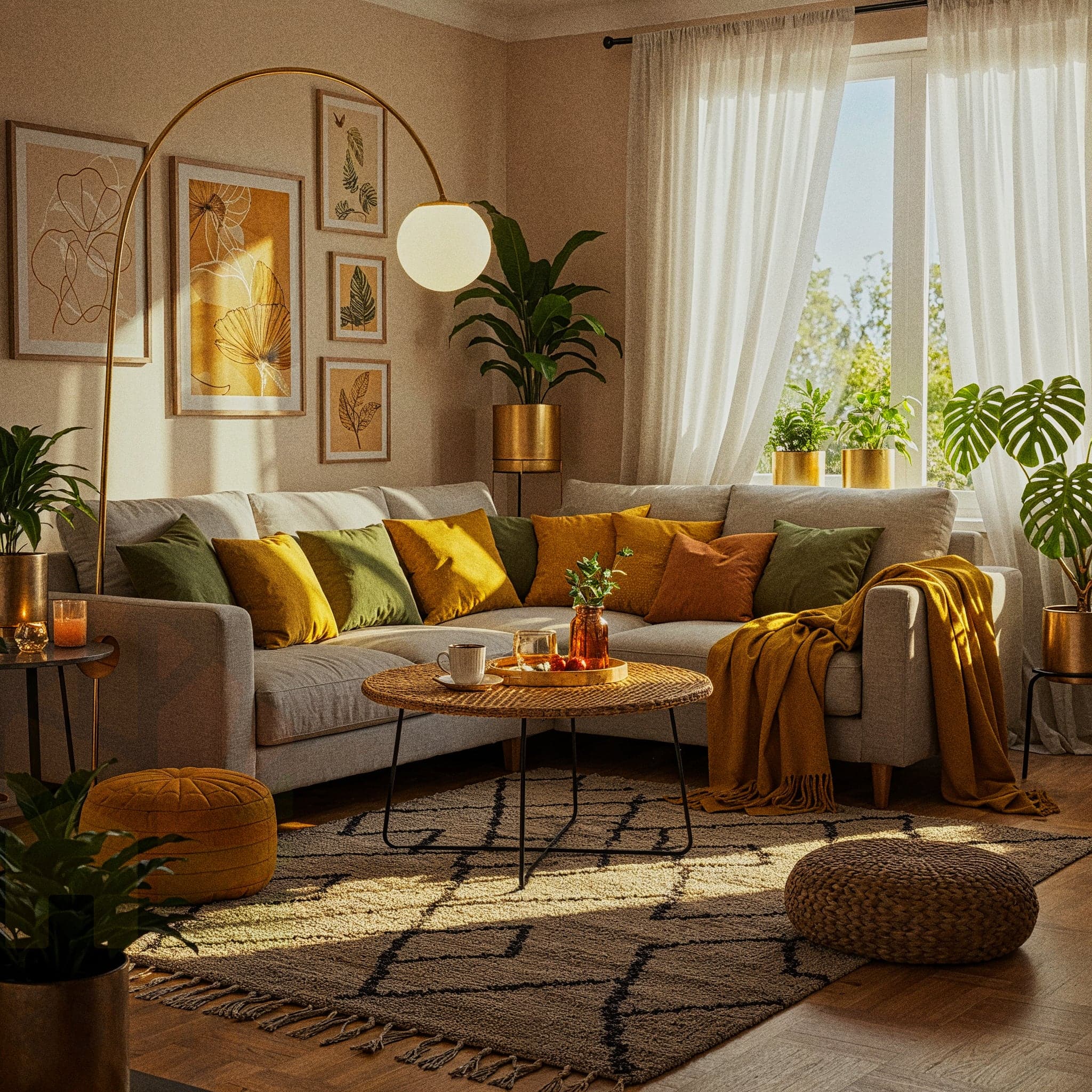 A peaceful living room with a Coastal Serene design, featuring a white linen sofa with blue cushions, a driftwood coffee table with a glass top, and a jute rug with subtle patterns. The room includes a wicker armchair with a throw blanket, a hanging shell mobile, and a floor lamp with a nautical shade. Large windows with sheer curtains allow natural light to enhance the light wooden floor and pale blue walls, creating a serene and breezy atmosphere.