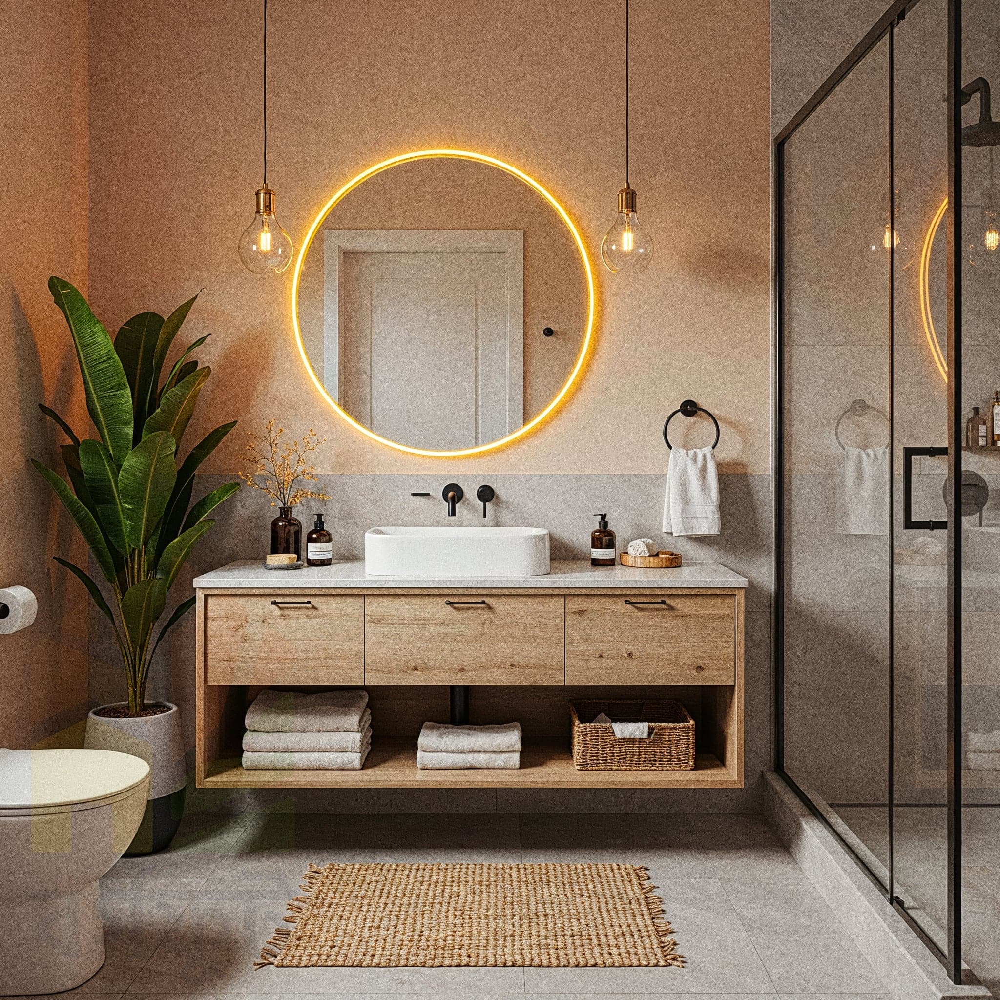 A rustic yet modern bathroom with a wooden vanity and a white vessel sink. The lower half of the walls are covered in light beige subway tiles. A large, round mirror with a wooden frame hangs from a strap. Two hanging plants in pots and a glass pendant light are on either side of the mirror. Gold faucets and towel racks add a touch of warmth.