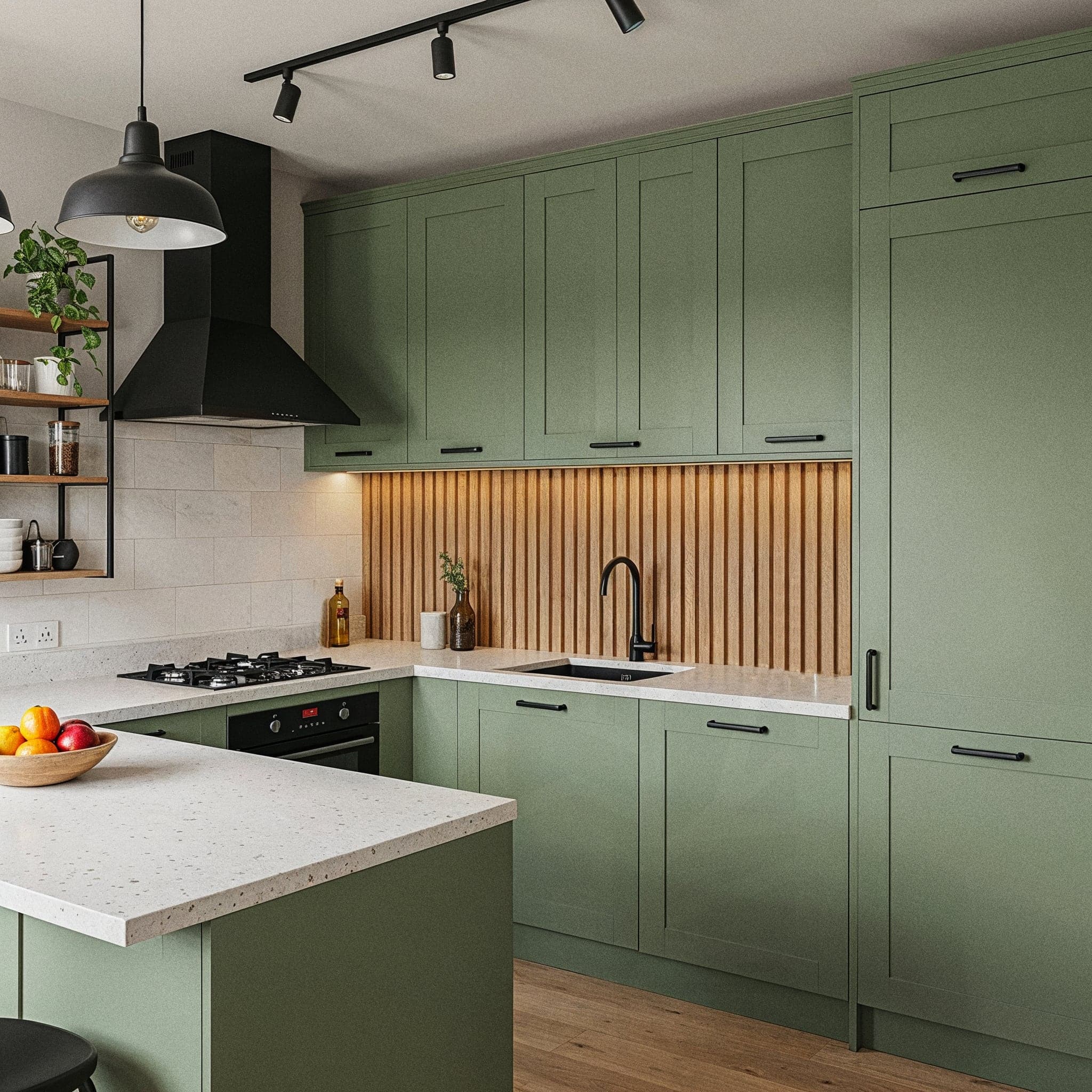 A spacious kitchen with an Industrial Open design, featuring exposed brick walls, a stainless steel countertop with a built-in stove, and open metal shelving with jars and cookbooks. The room includes a black metal island with bar stools, a hanging rack with cast iron pans, and pendant lights with exposed bulbs. Large windows with sheer curtains allow natural light to enhance the dark concrete floor and grey accent wall, creating a bold and functional cooking atmosphere.